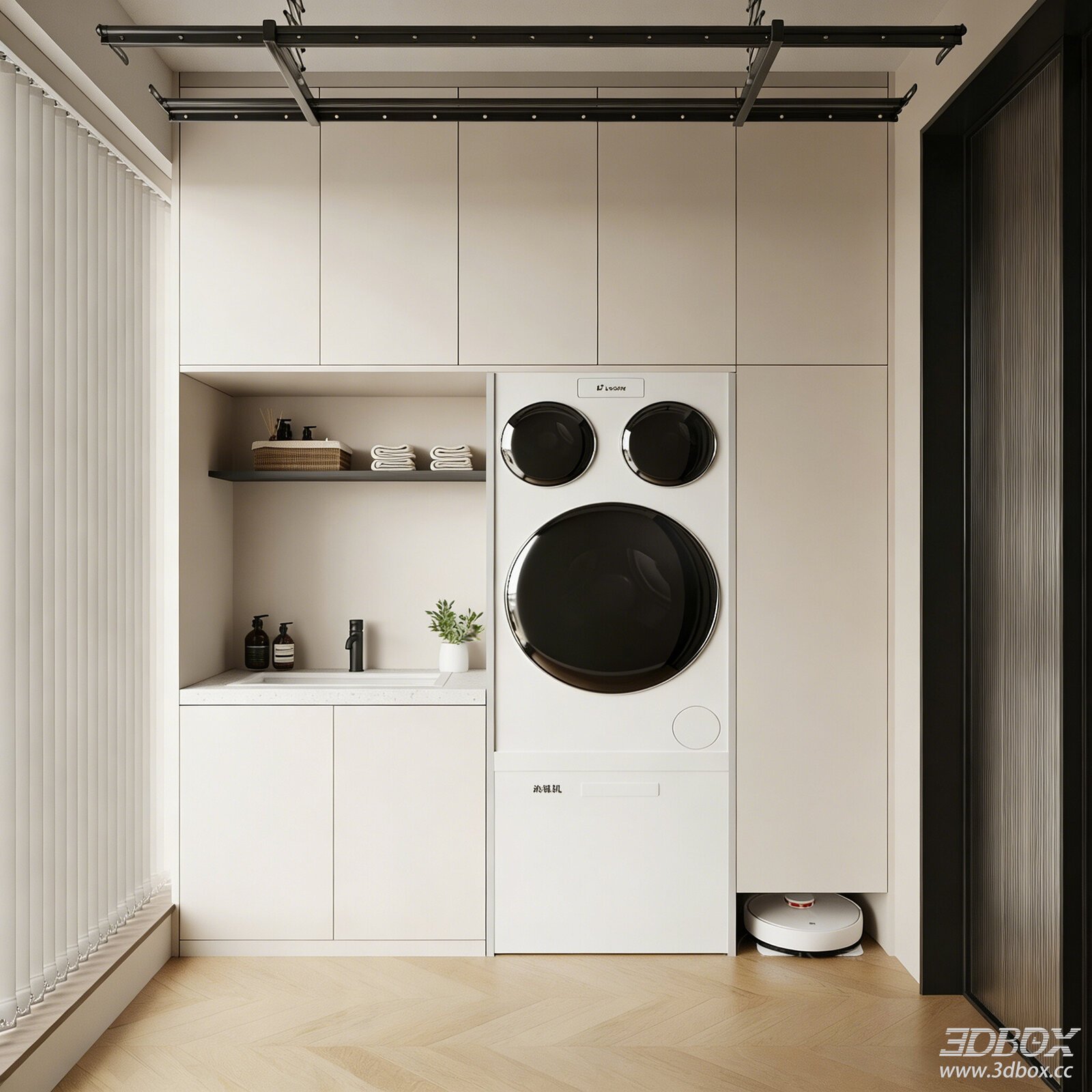 Modern Minimalist Laundry Balcony with Washing Machine Cabinet