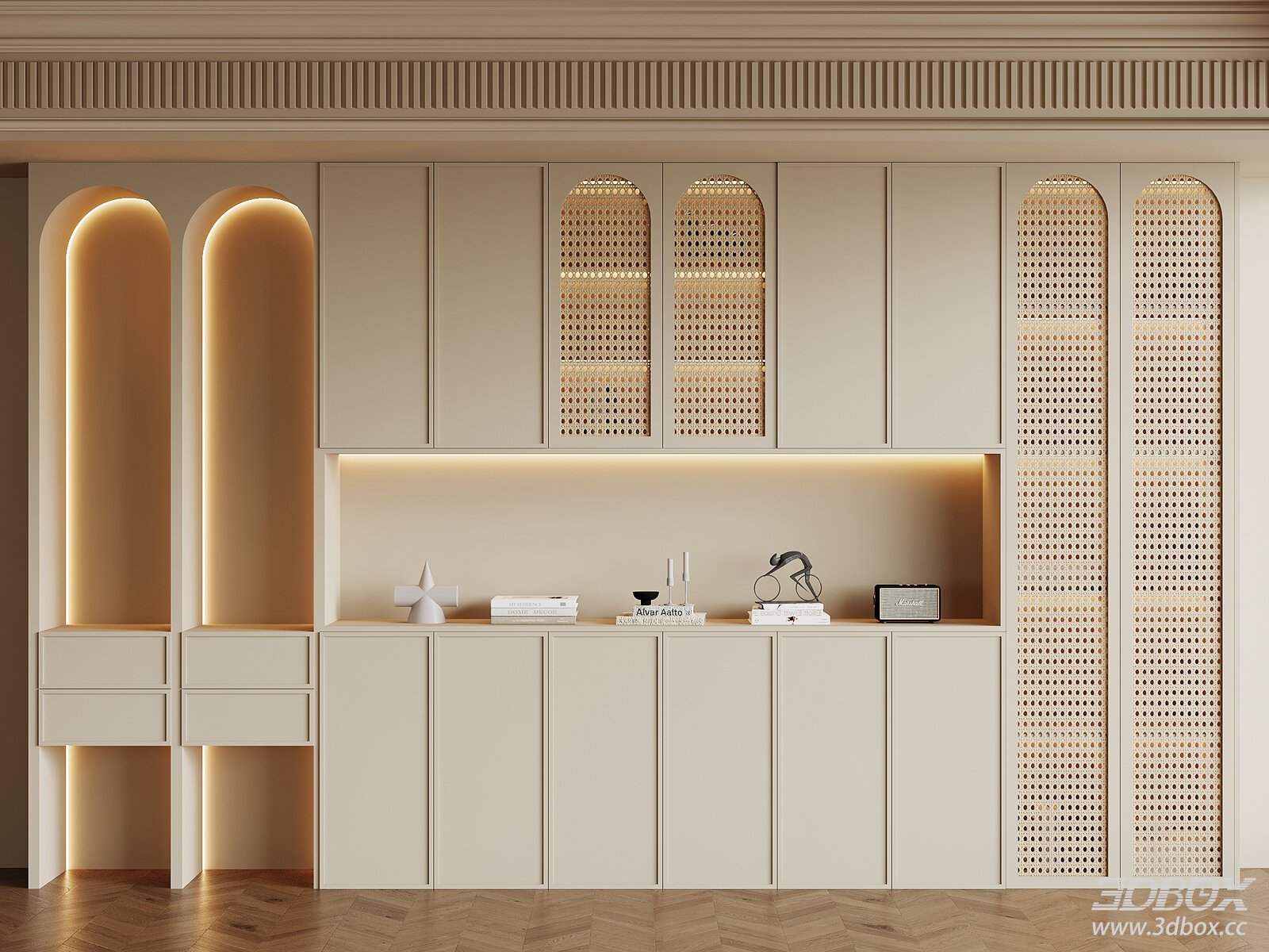 French Cream Style Wine Cabinet Sideboard with Rattan Detail