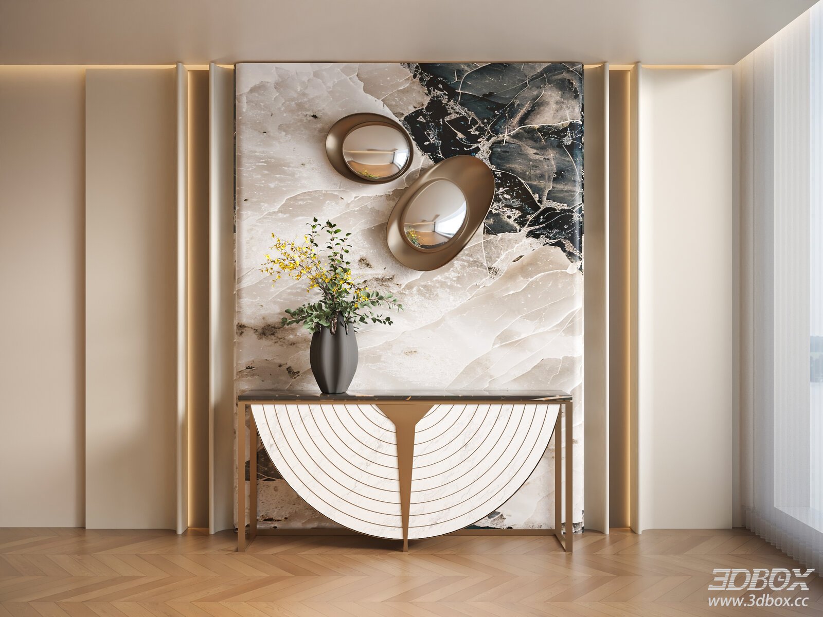 Luxury Modern Hallway Console Scene with Marble Wall Decor