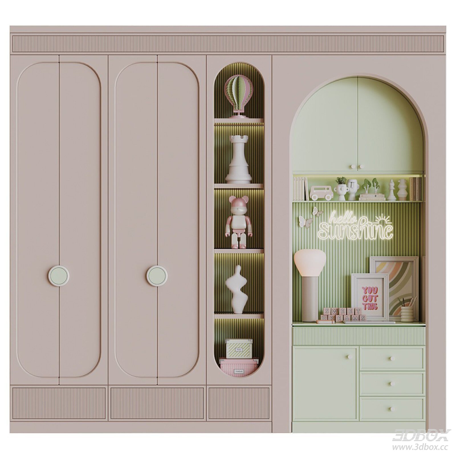 Pastel Children Wardrobe with Display Shelf and Desk