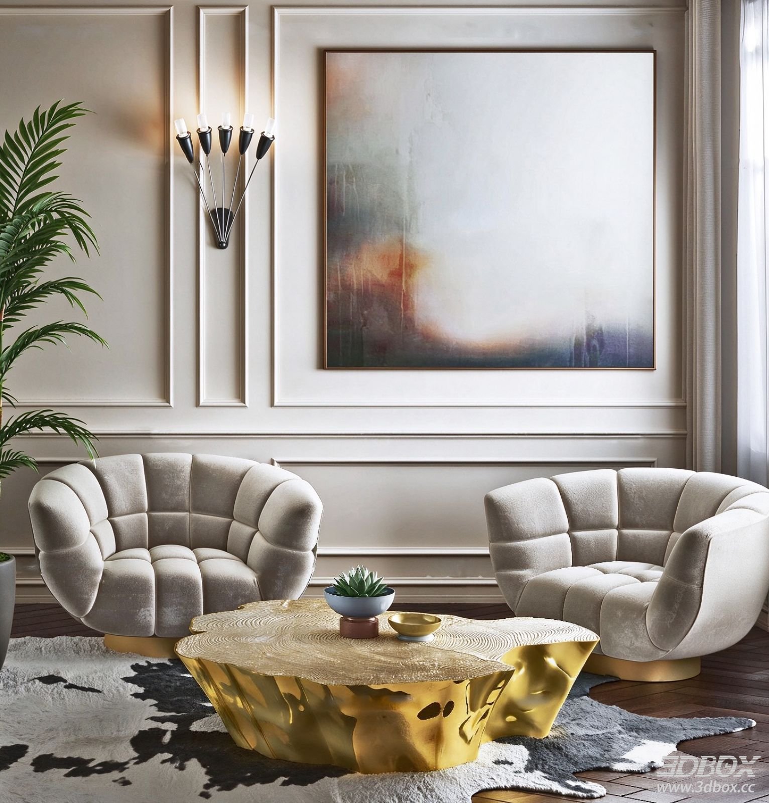Modern Velvet Single Armchair with Gold Coffee Table Set