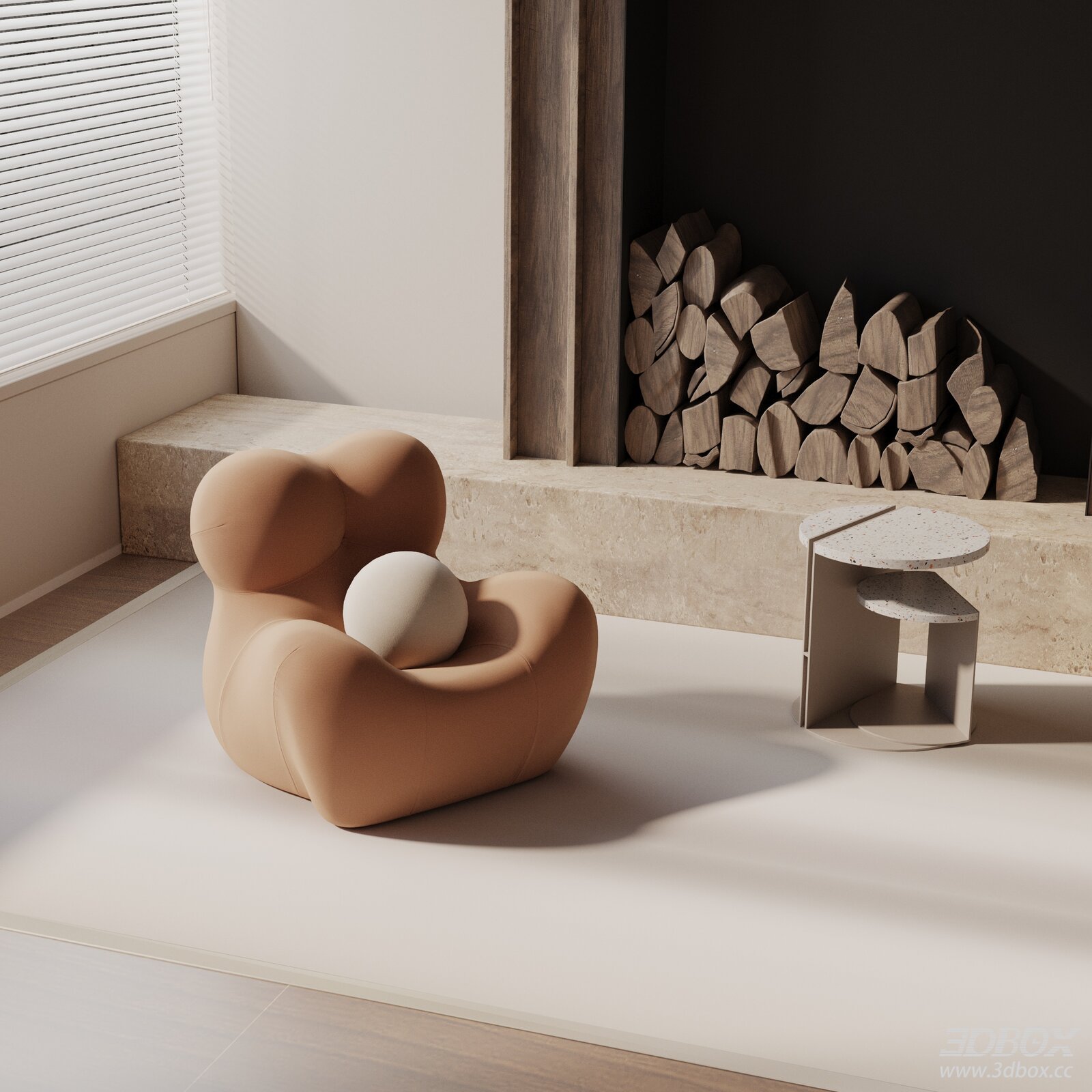 Modern Soft Fabric Armchair with Terrazzo Side Table