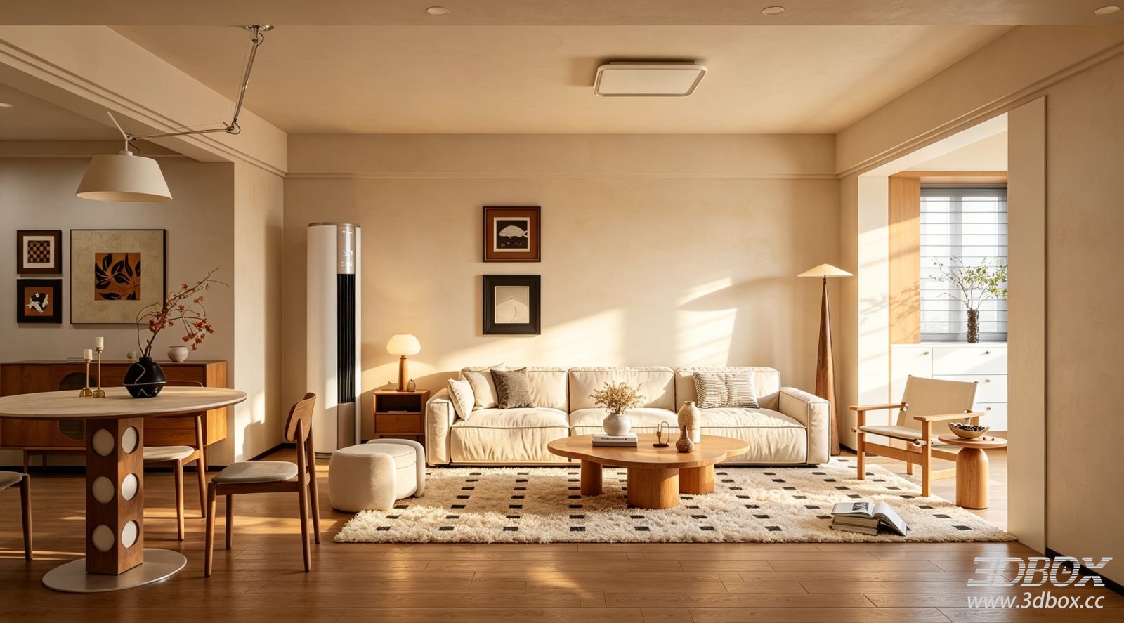 Vintage Cream Style Living and Dining Room Interior