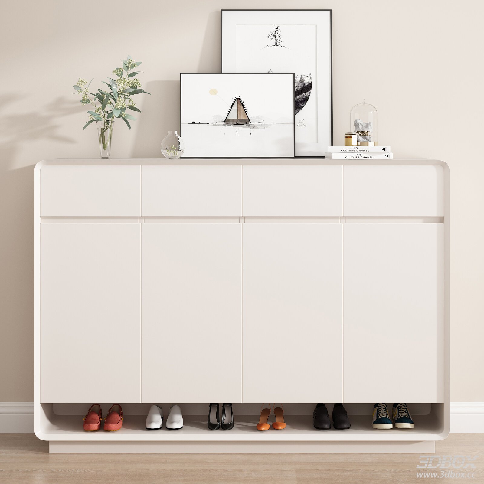 Modern Minimalist White Hallway Shoe Cabinet With Decor