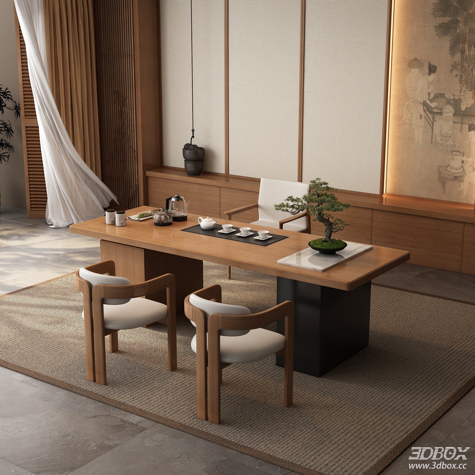 New Chinese Style Tea Room with Wooden Tea Table and Armchairs