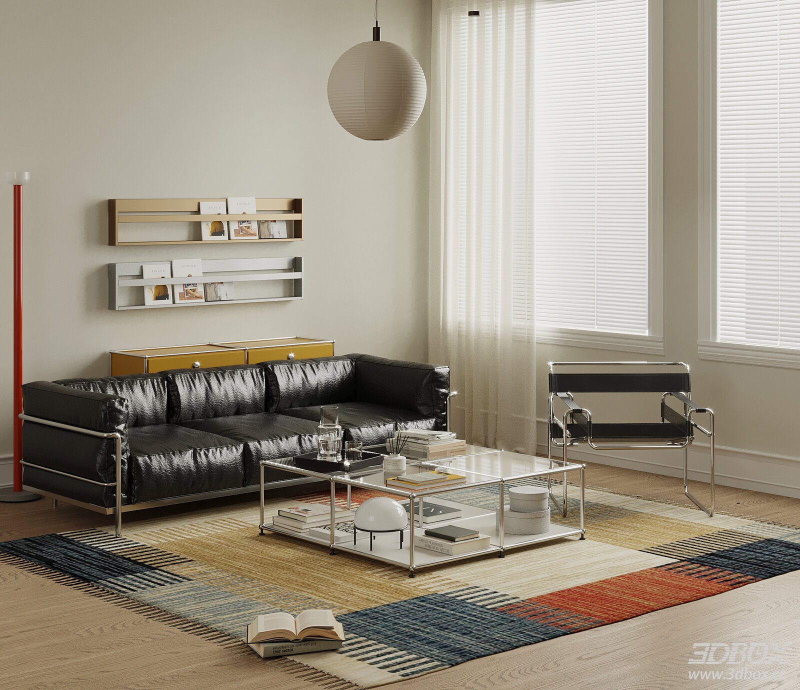 Mid-Century Modern Living Room with Leather Sofa and Coffee Table