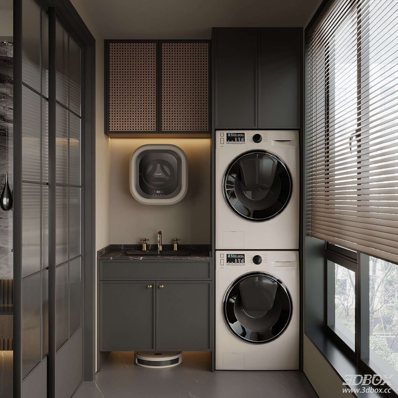 Modern Italian French Style Laundry Balcony Scene with Washing Cabinets