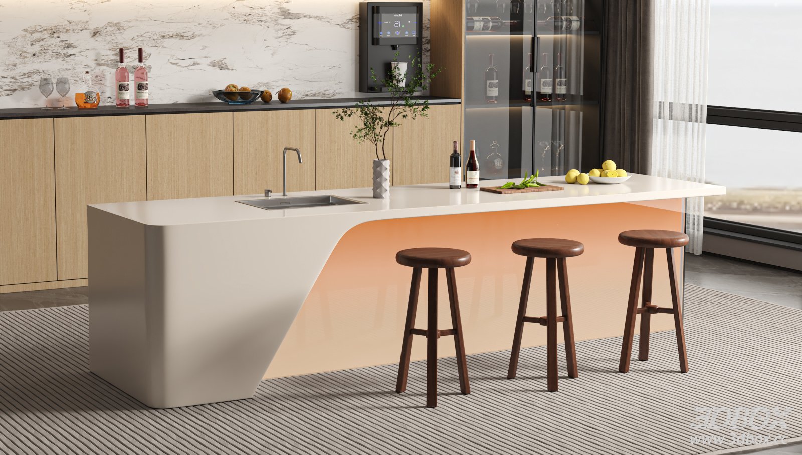 Modern Kitchen Island Bar Counter with Wooden Bar Stools