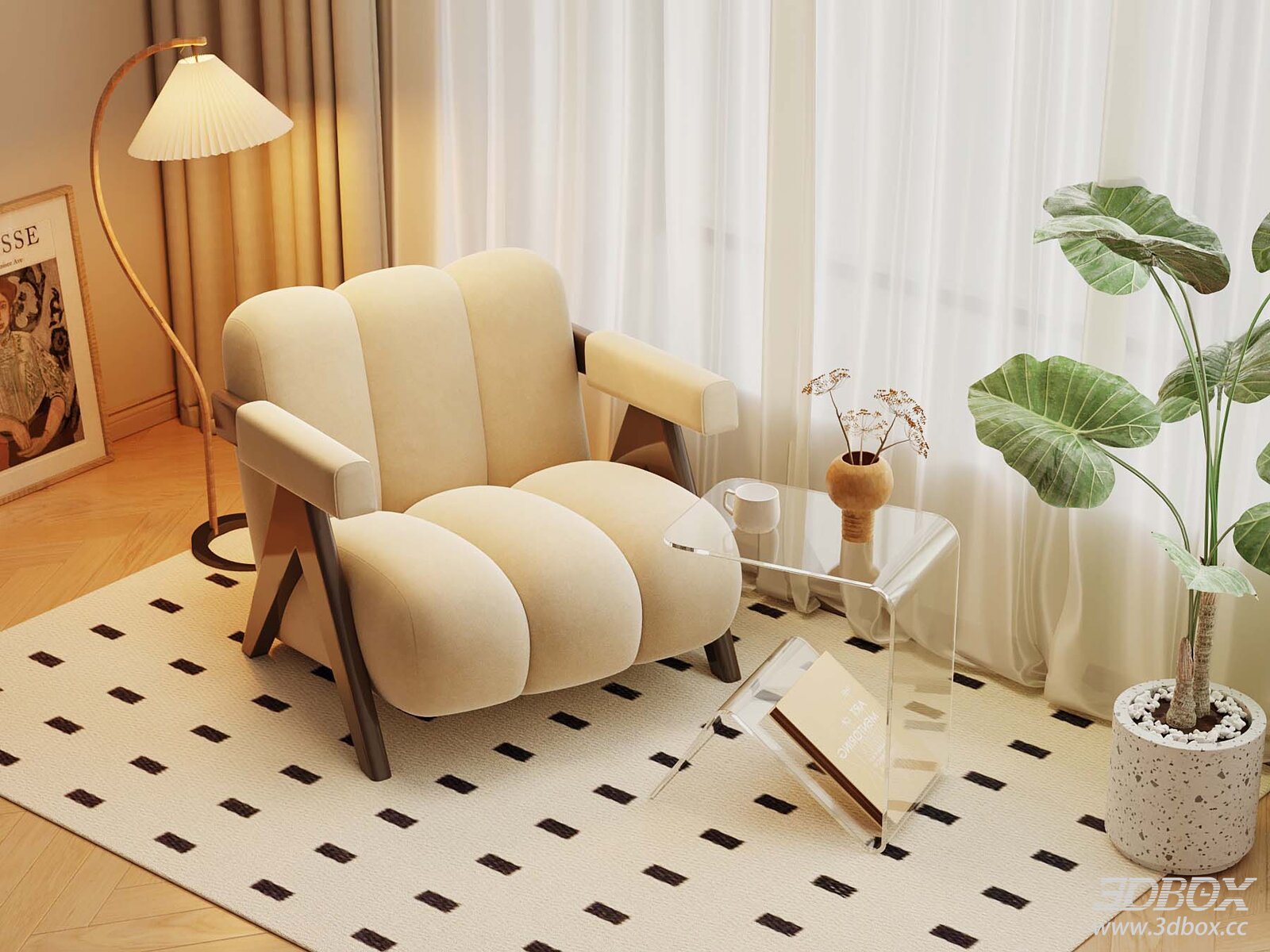 Modern Cream Style Lazy Armchair with Floor Lamp Set
