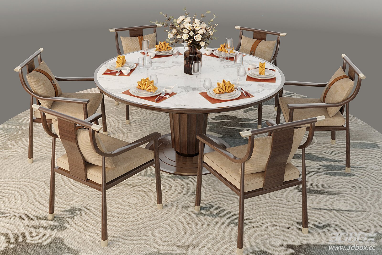 New Chinese Style Round Marble Dining Table and Chairs Set