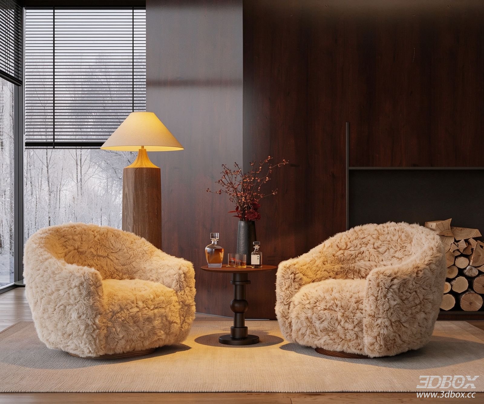 Modern Fluffy Fur Upholstered Single Armchair Set