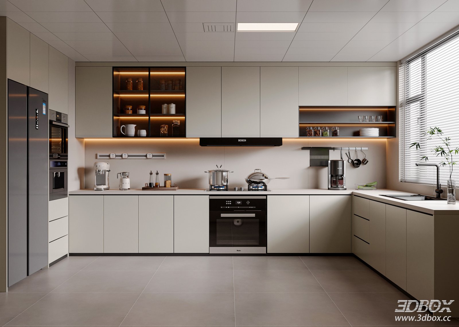 Modern Cream Style U-Shaped Kitchen Interior Scene
