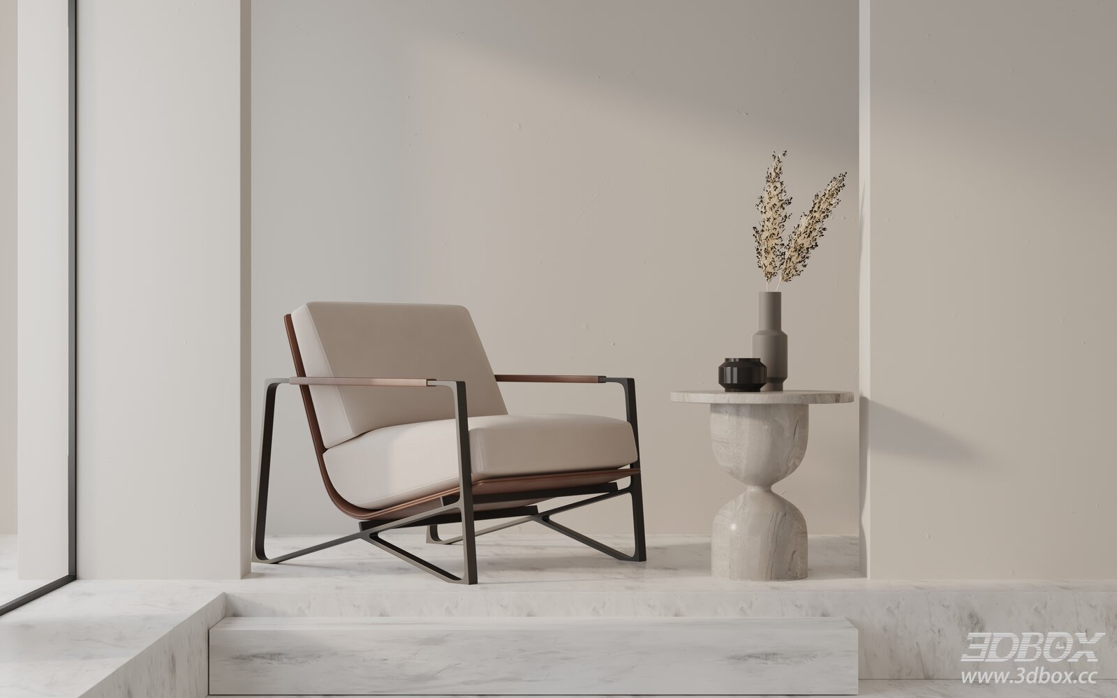 Modern Minimalist Leather Armchair with Marble Side Table