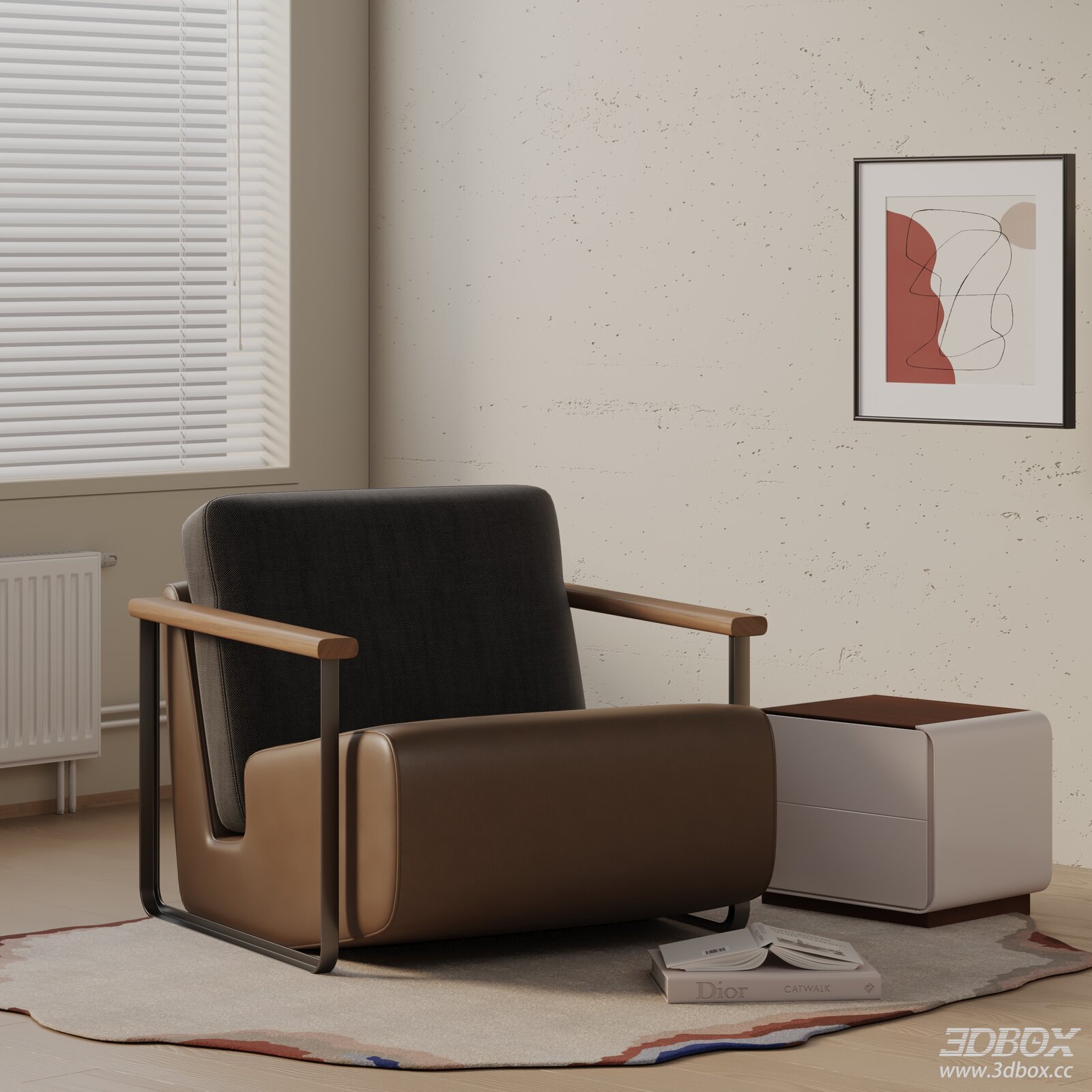 Modern Leather Fabric Armchair with Wooden Armrest