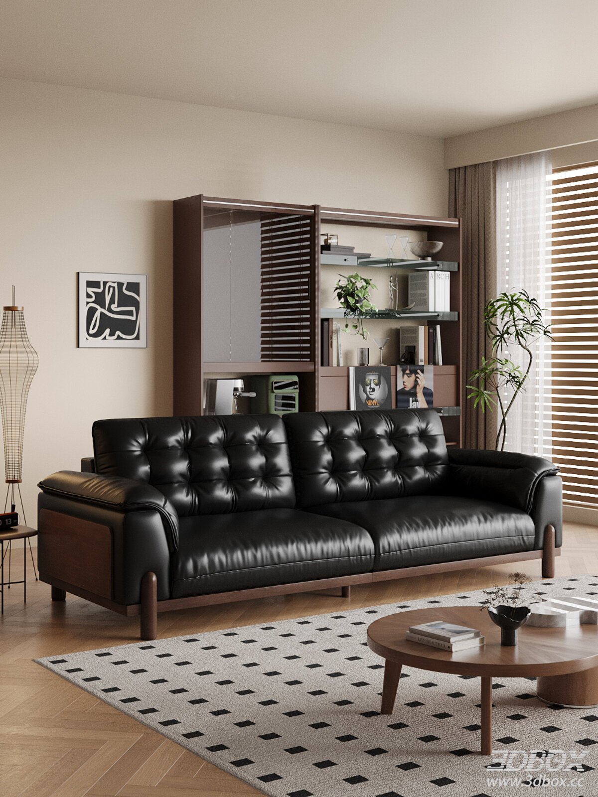 Mid Century Modern Black Leather Sofa Living Room