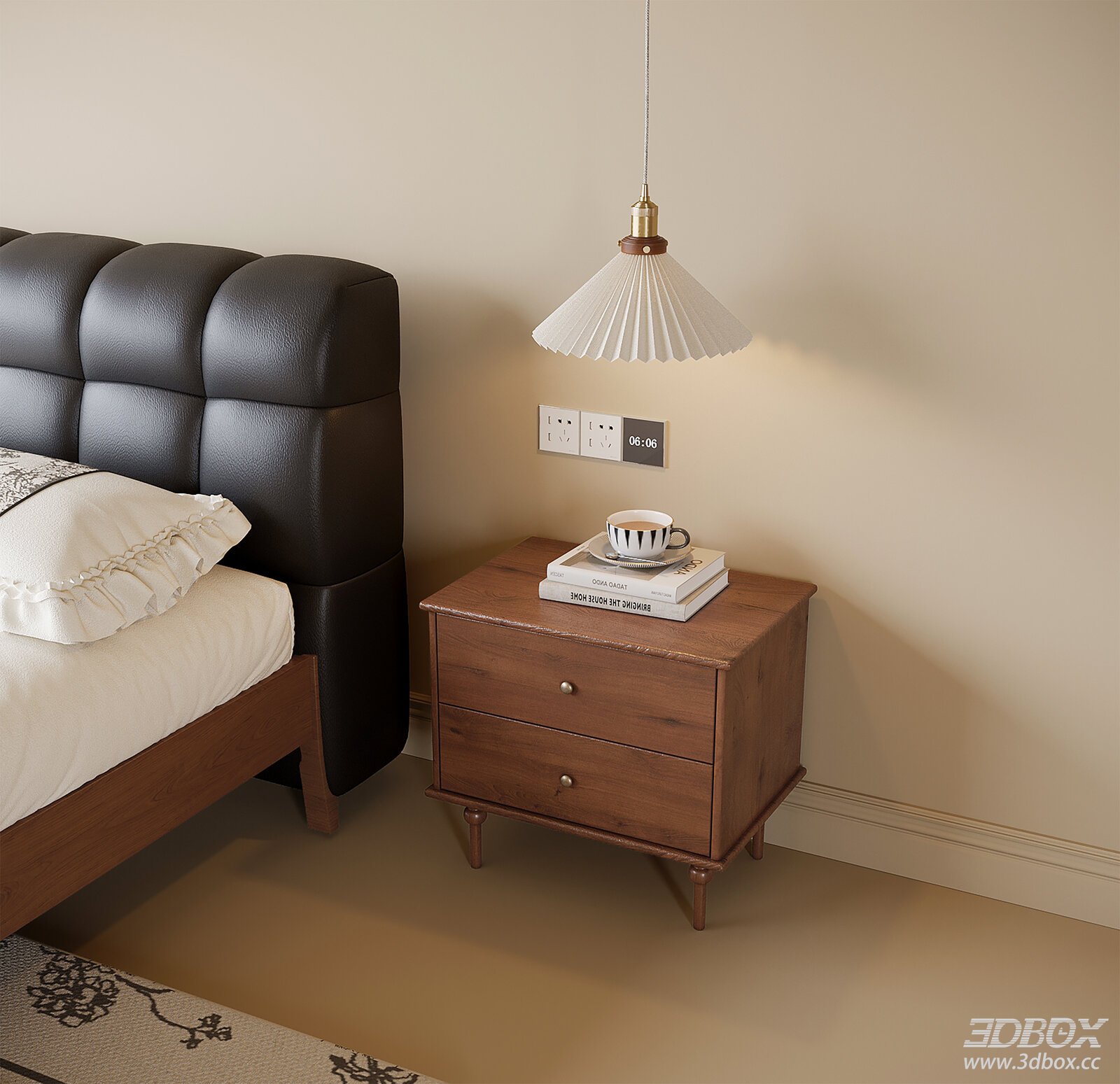 French Style Wooden Walnut Nightstand with Pendant Lamp