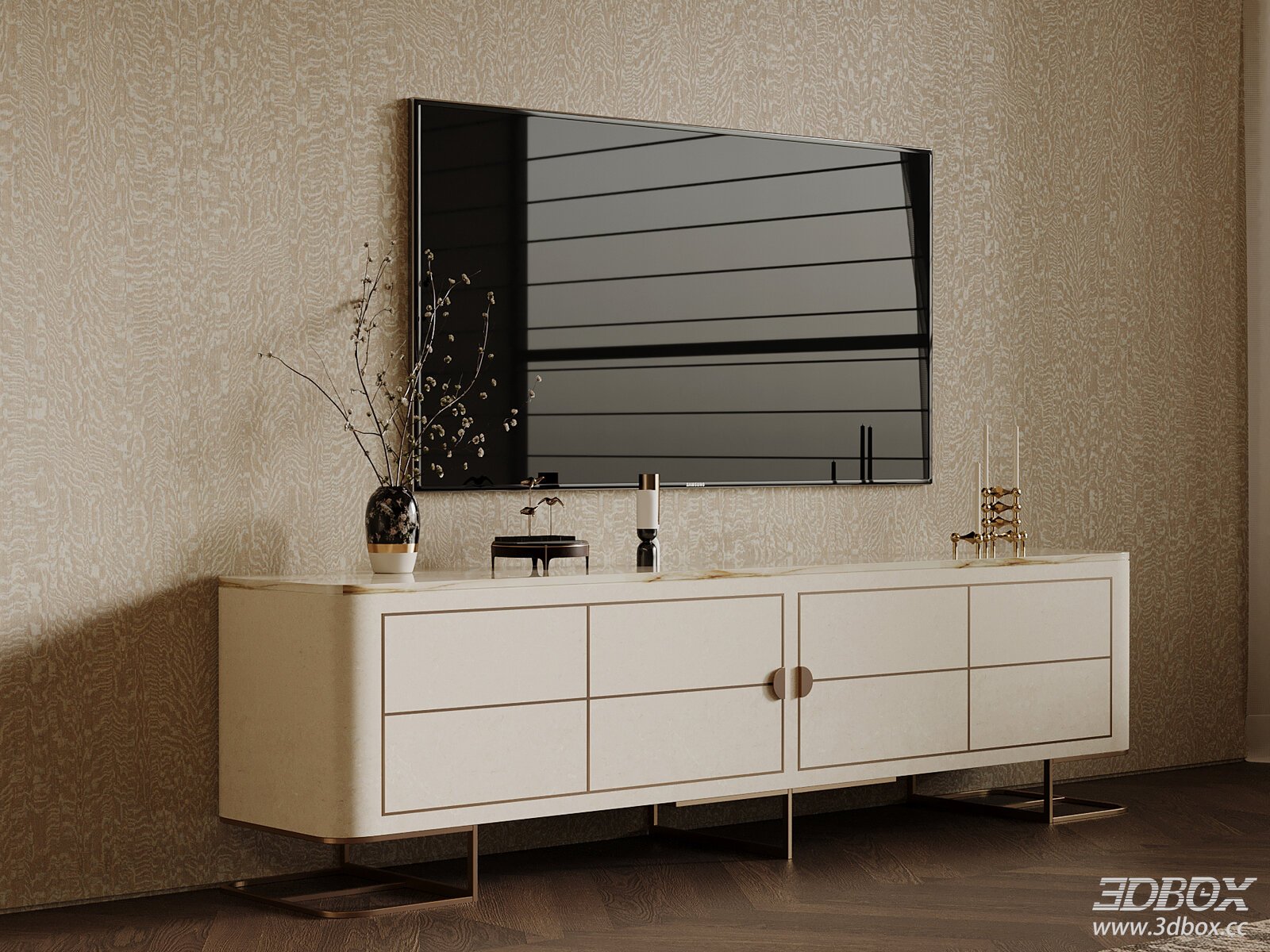 Modern Luxury TV Cabinet with Marble Top and Brass Details
