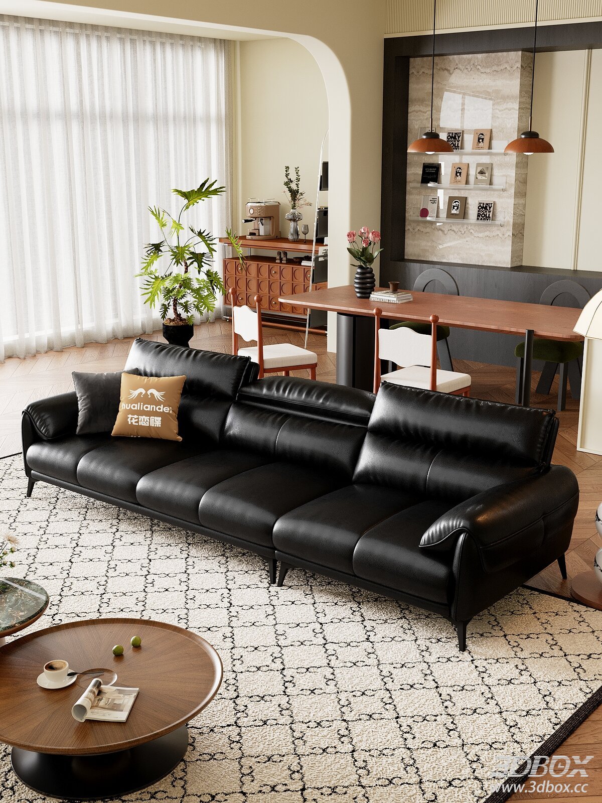 Modern Mid-century Black Leather Sofa Set Living Room