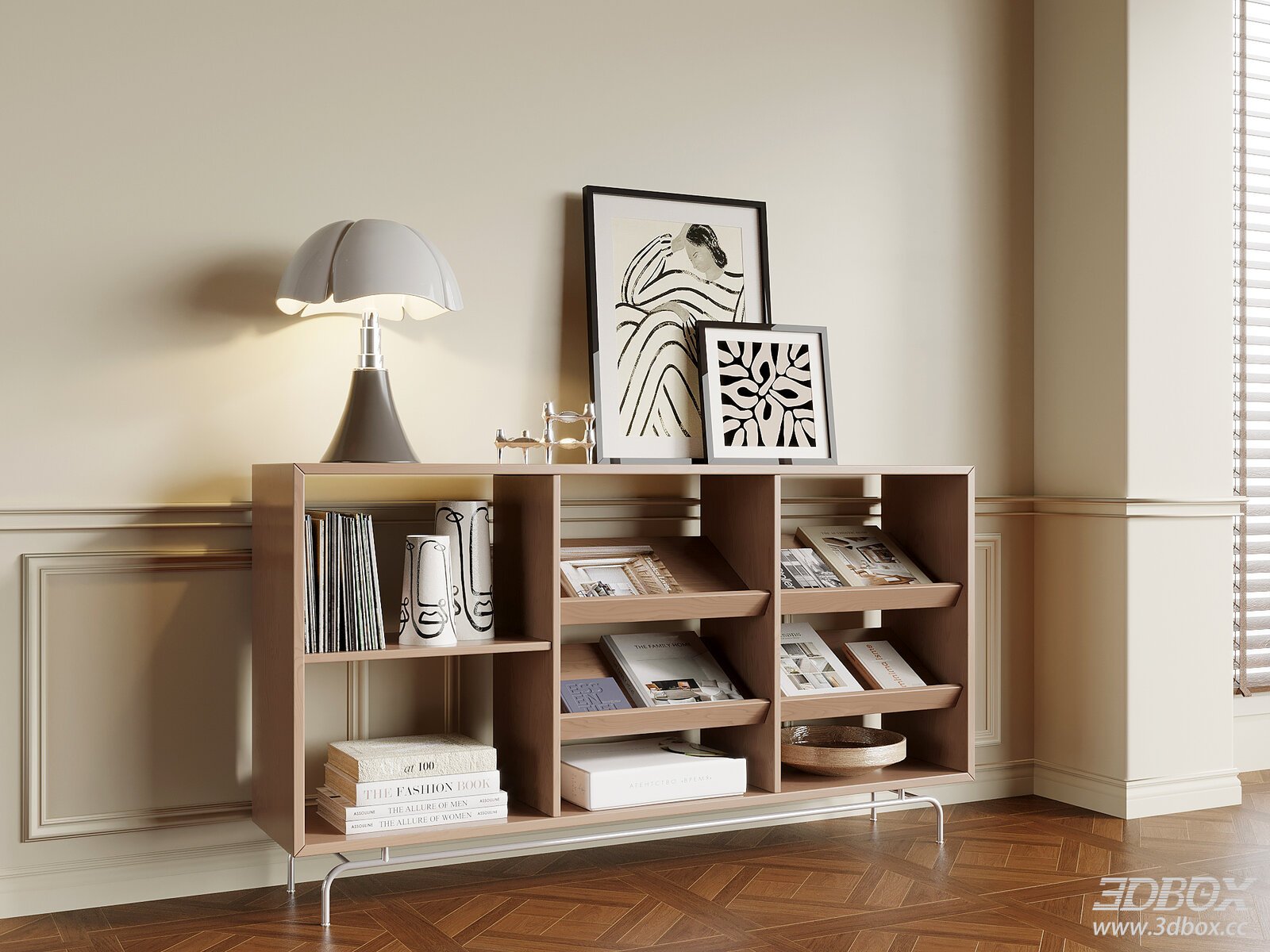 French Cream Style Low Sideboard Bookcase with Decor Set