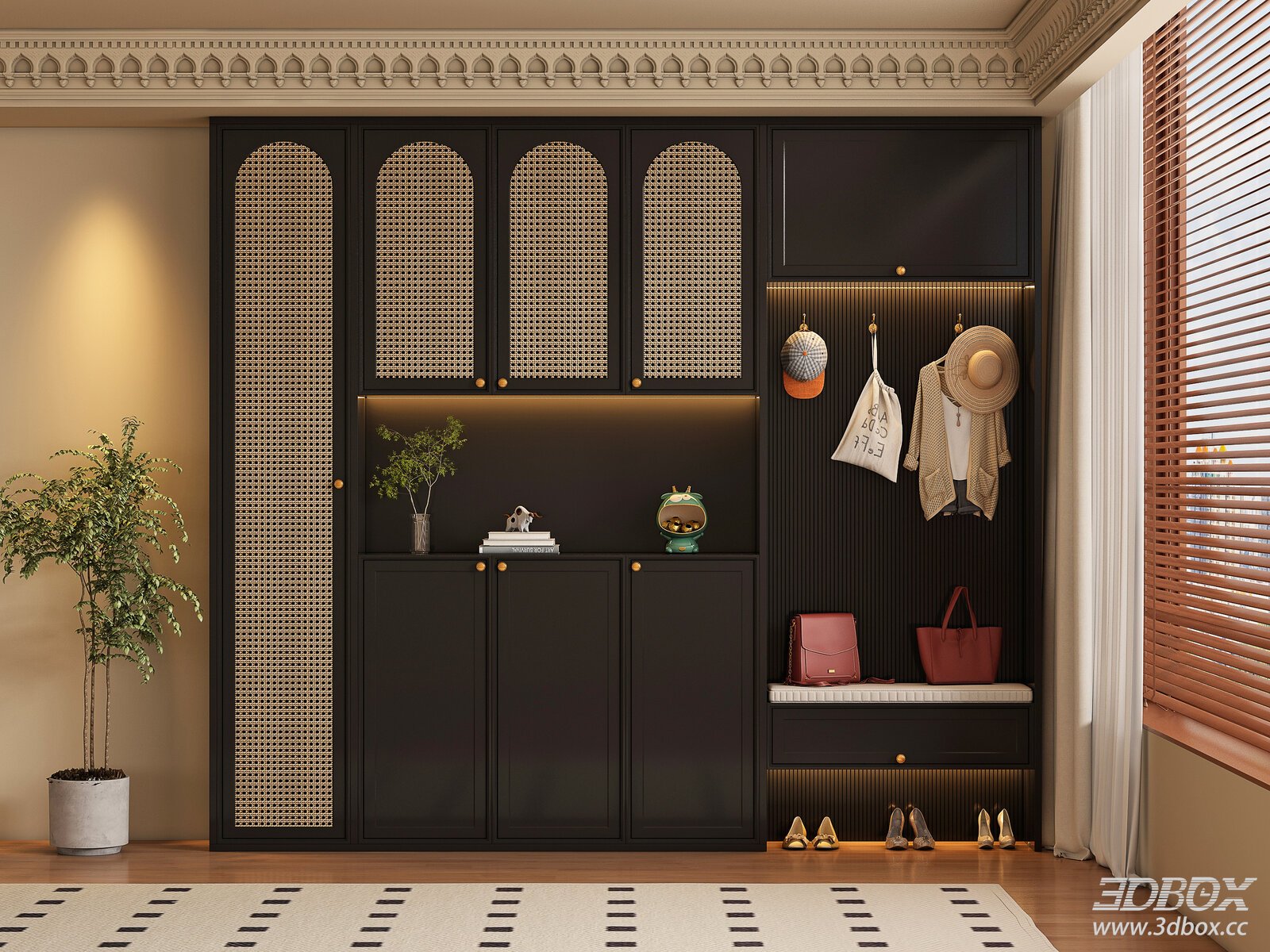 Mid Century Rattan Wardrobe Entryway Storage Cabinet