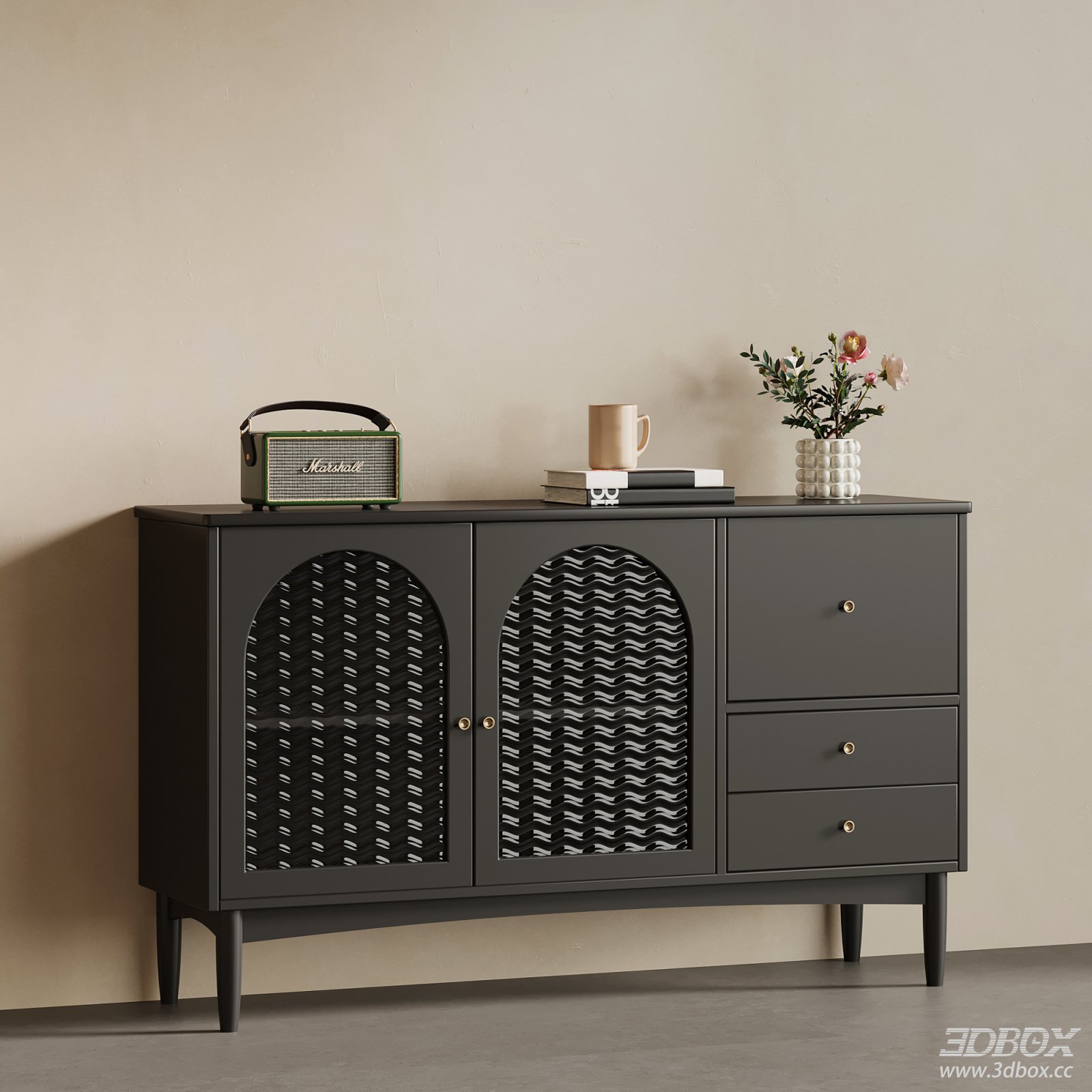 French Retro Dark Sideboard with Woven Glass Doors