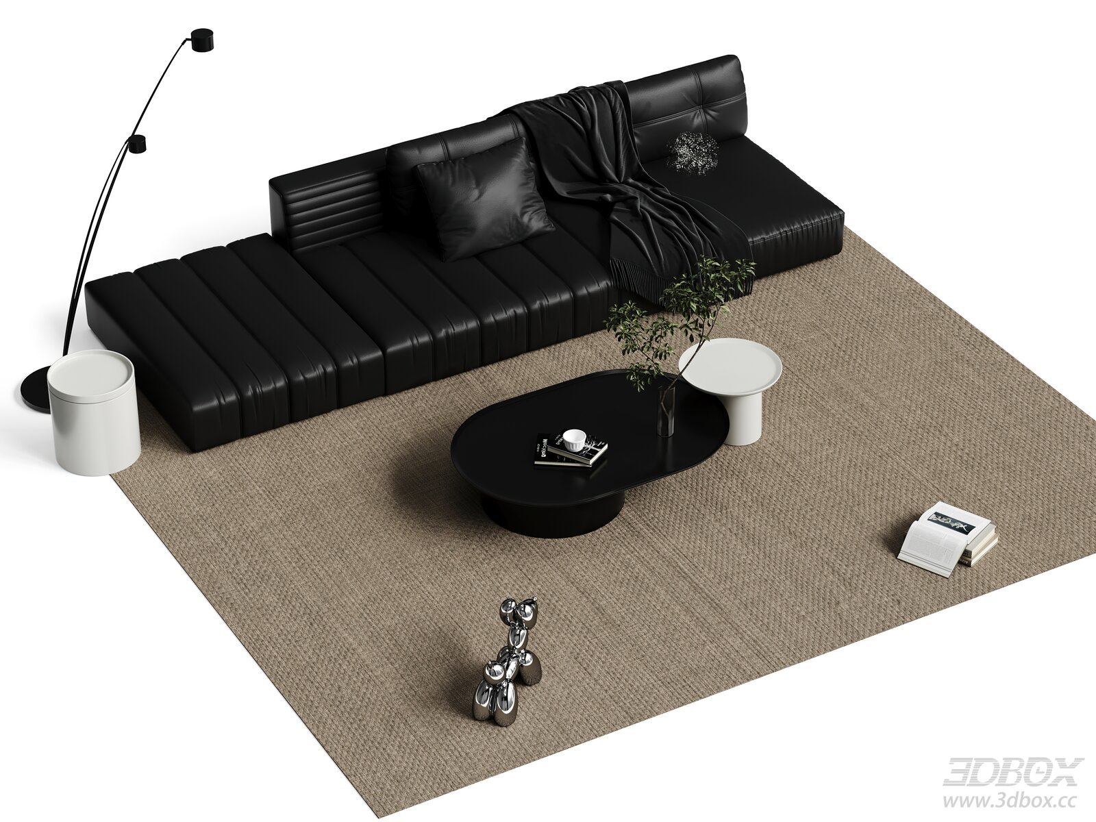 Modern Black Leather Sofa Set with Coffee Table and Decor