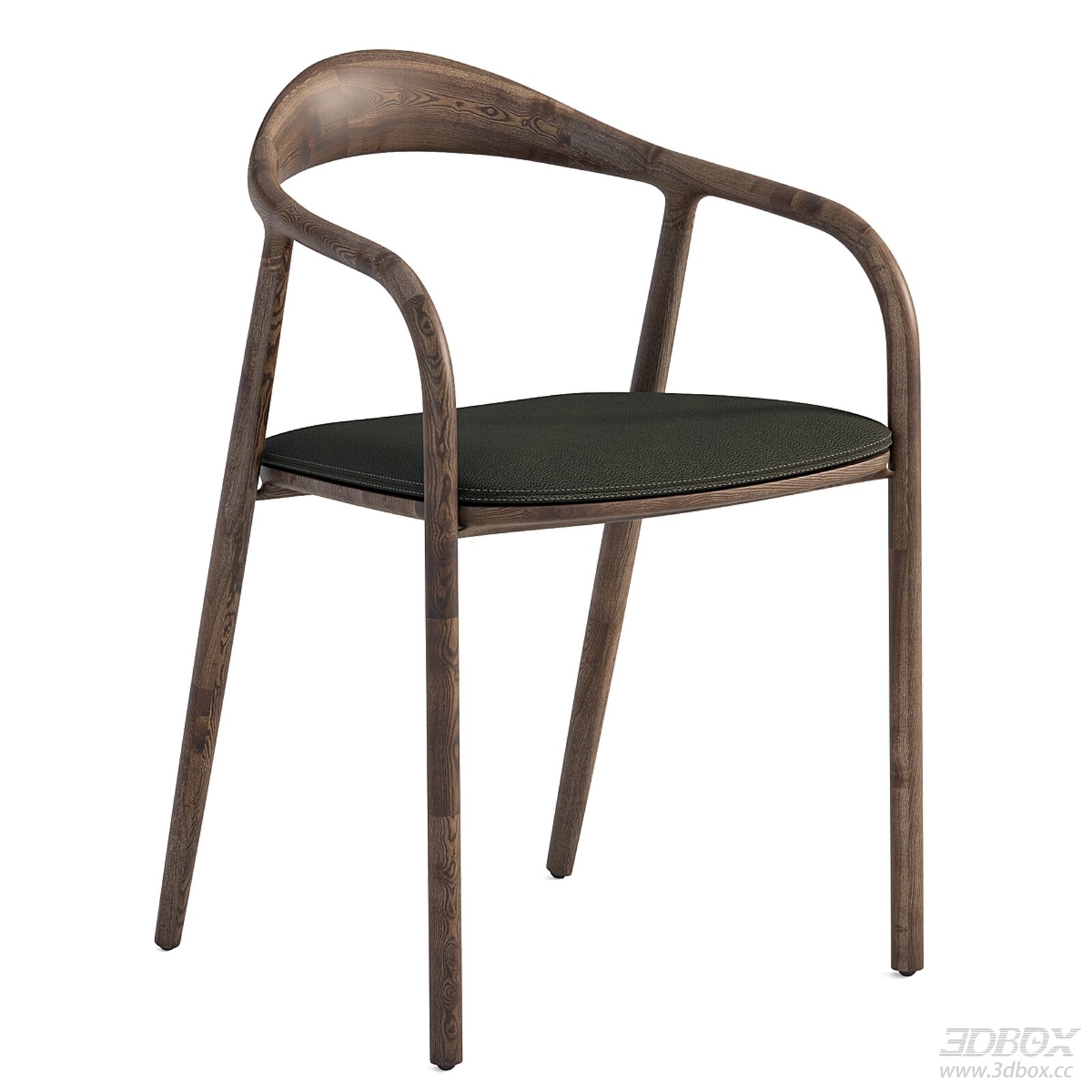Modern Wooden Armchair with Dark Leather Upholstery
