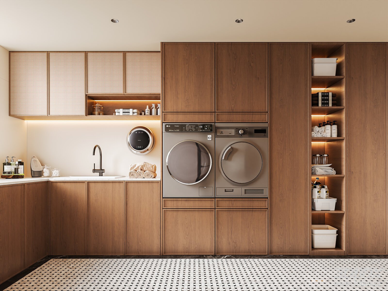 Mid Century Modern Laundry Room with Washer Dryer Set