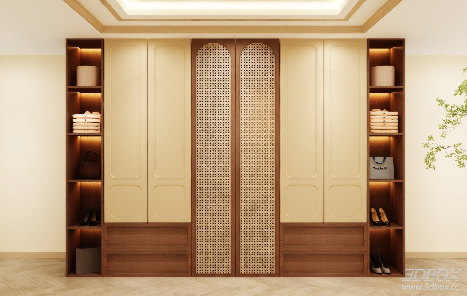 Modern Rattan Wardrobe With Built-in Lighting Storage Cabinet