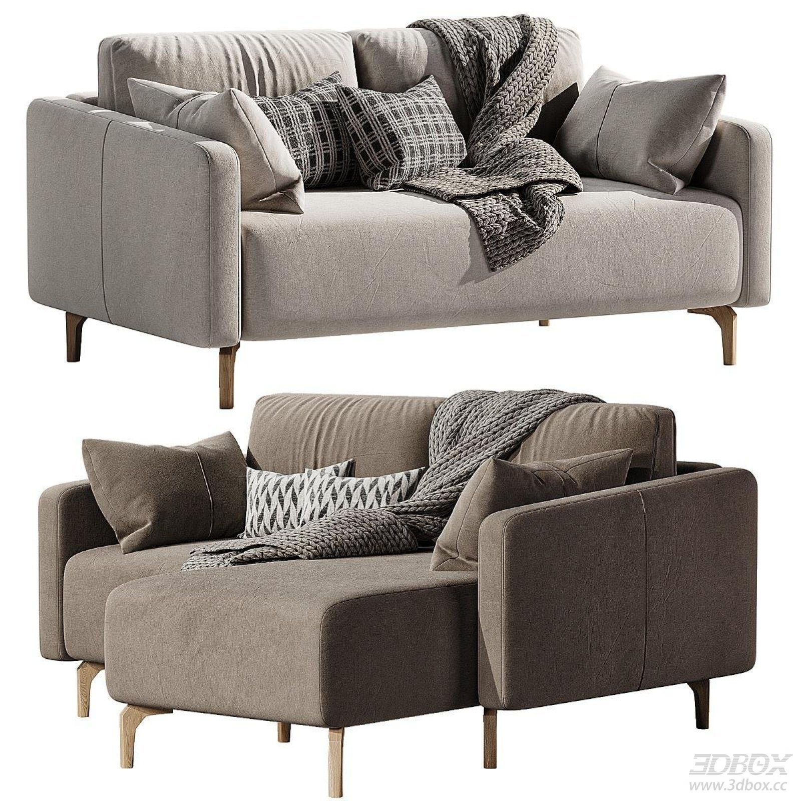 Modern Upholstered Sofa Set with Pillows and Knitted Throw