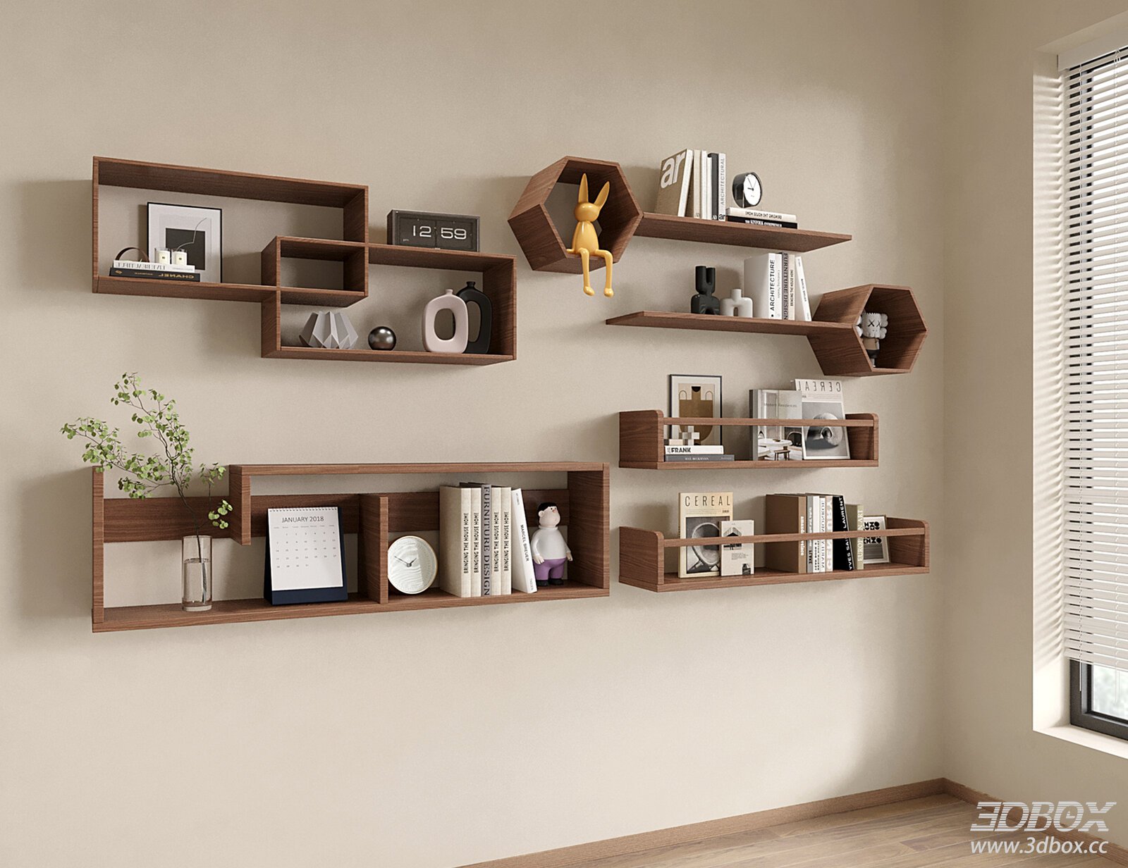 Modern Walnut Wood Wall Mounted Display Storage Bookshelf