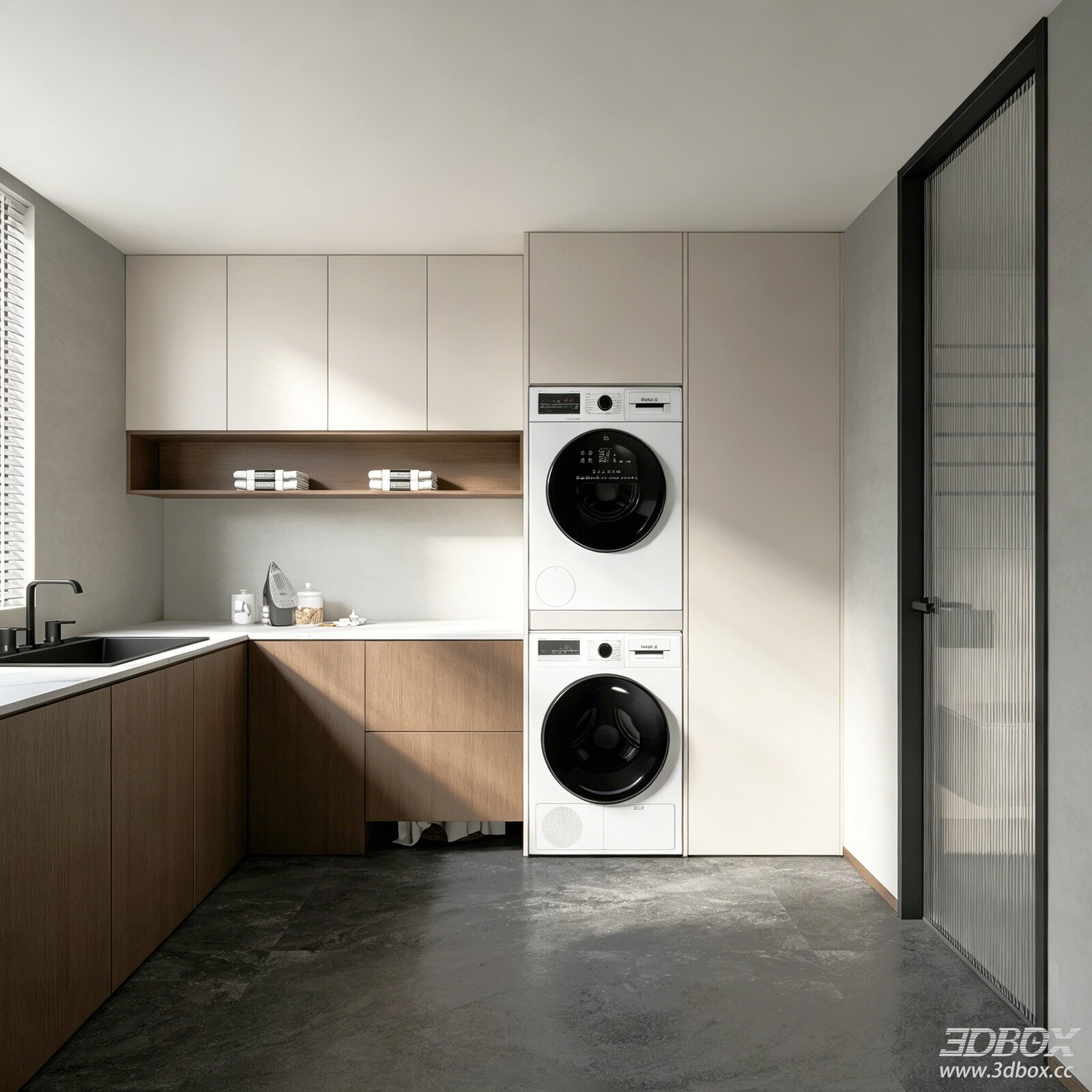 Modern Minimalist Laundry Room with Stacked Washer Dryer