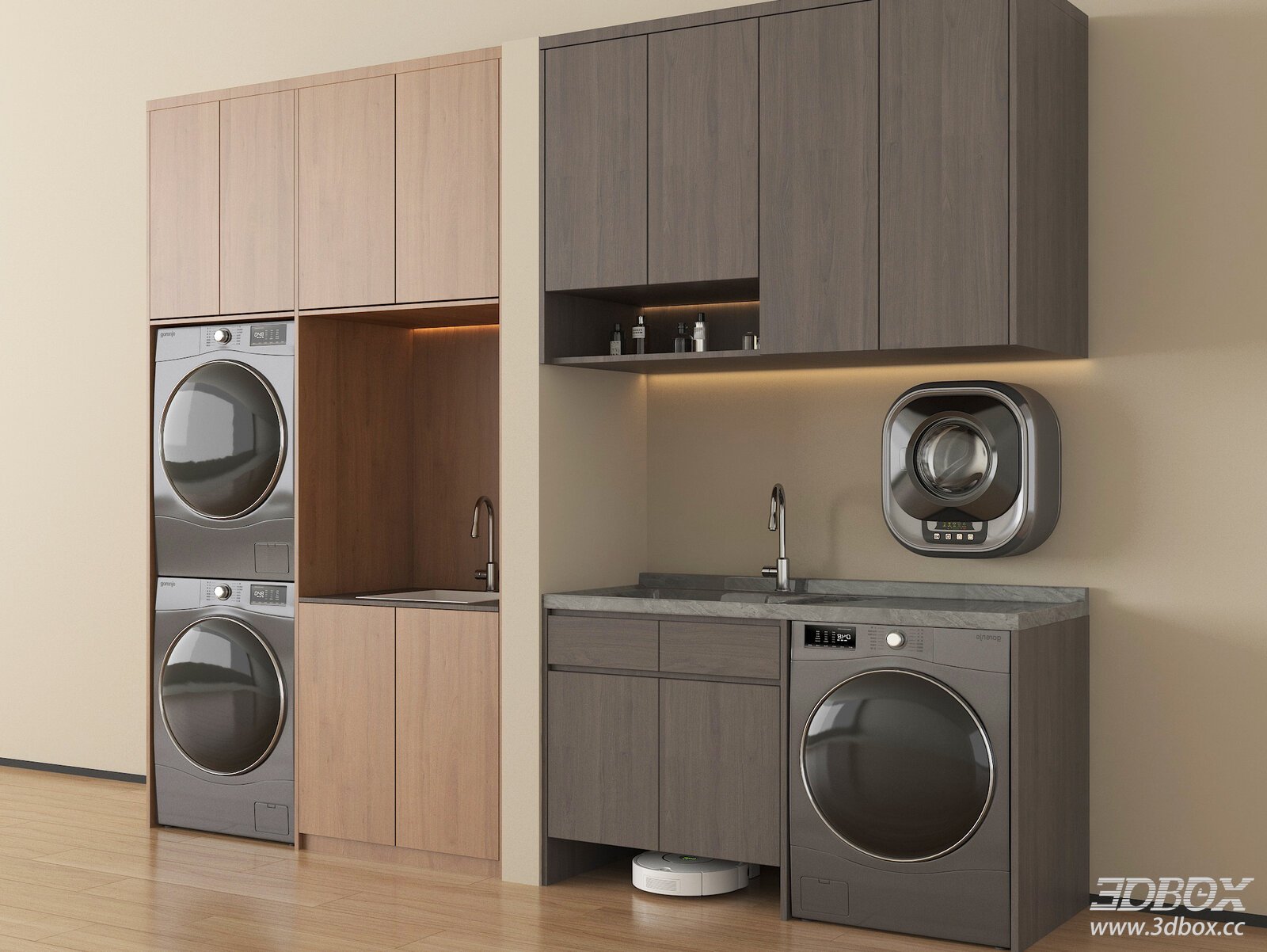 Modern Laundry Cabinet with Washing Machines and Robotic Vacuum