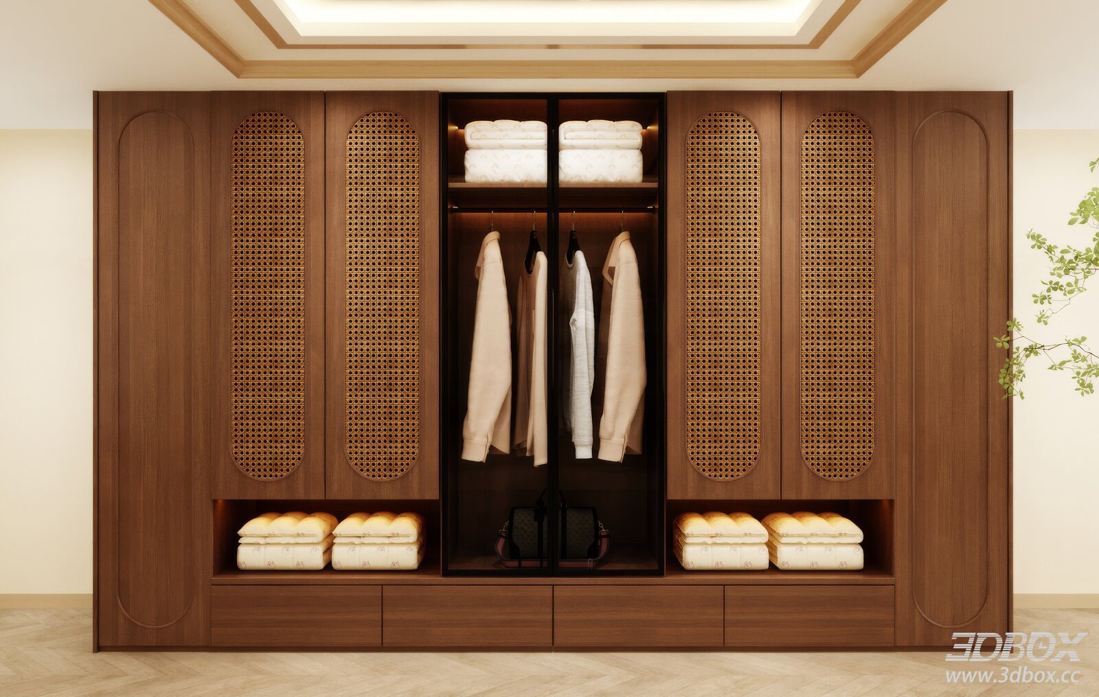 Walnut Rattan Wardrobe with Glass Door Clothing Storage