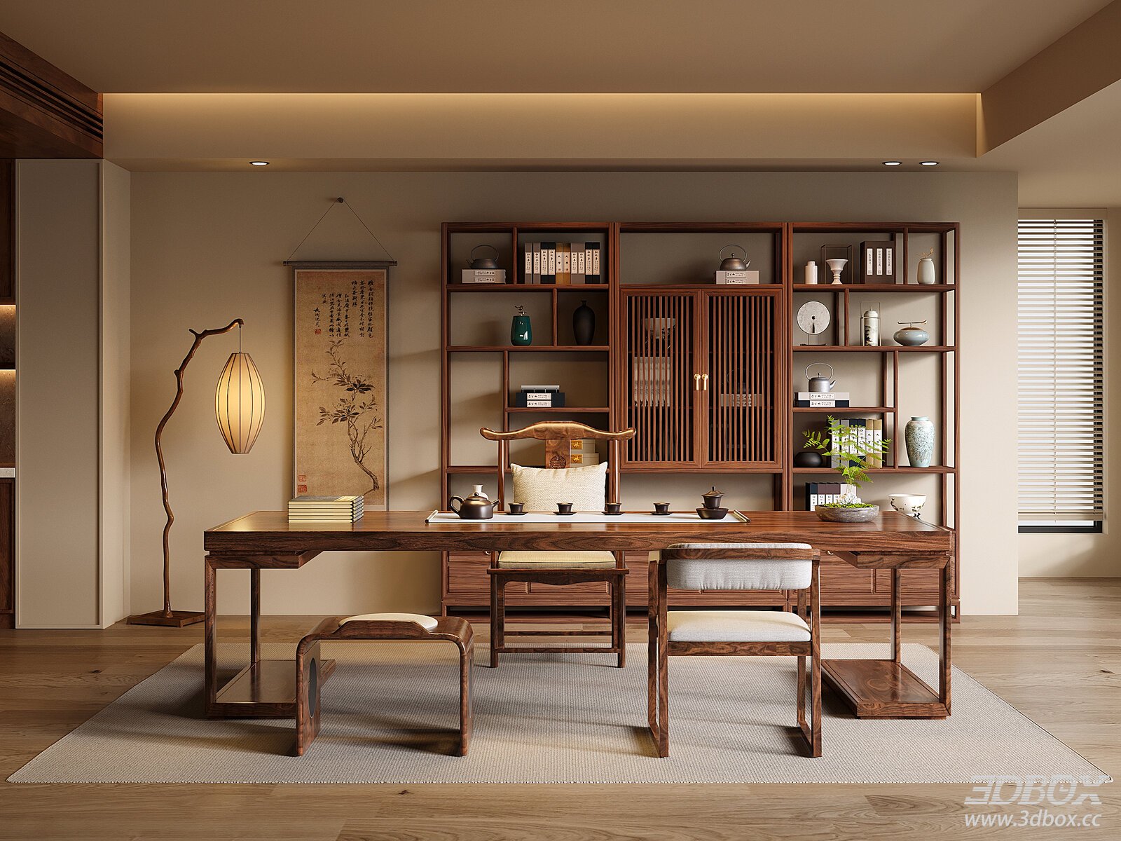 New Chinese Style Tea Room Interior with Tea Table and Display Shelf