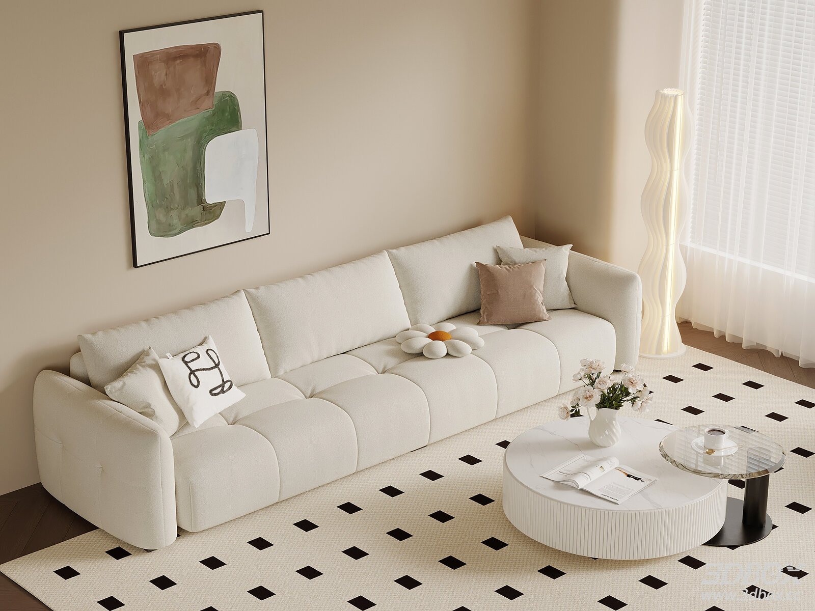Cream Style Fabric Sofa Living Room Scene with Coffee Table