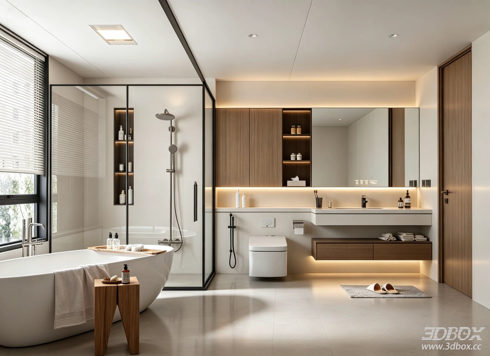 Modern Minimalist Bathroom Scene With Bathtub And Shower