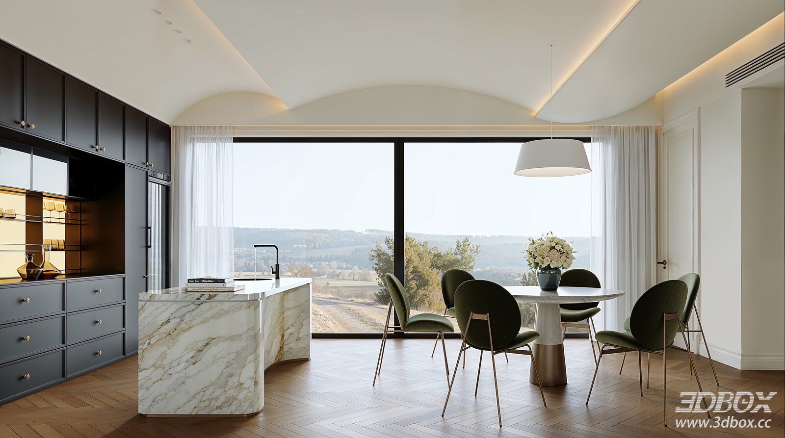 Modern Luxury Kitchen and Dining Room Interior Scene