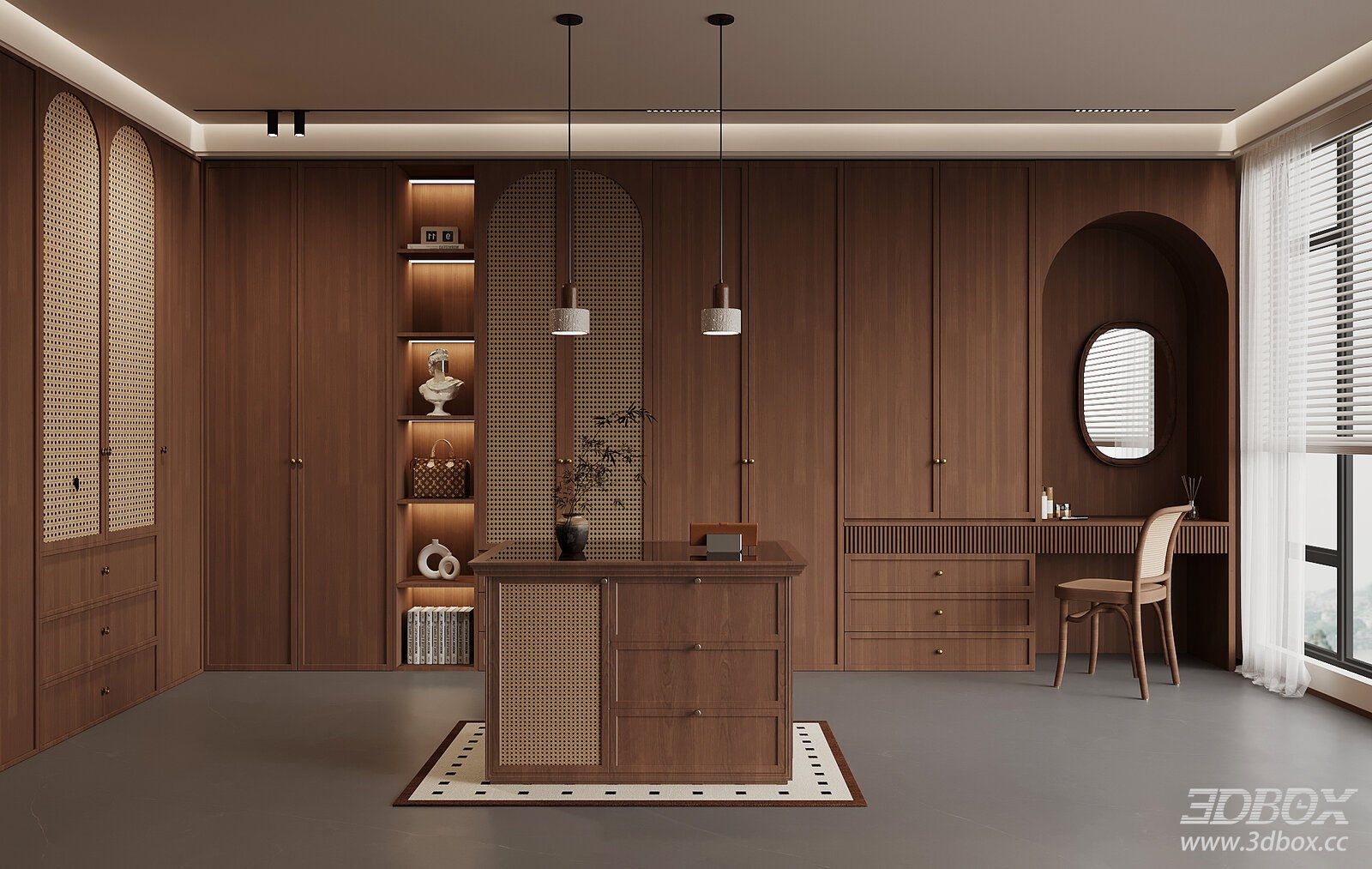 Mid Century Modern Dressing Room with Wooden Wardrobe