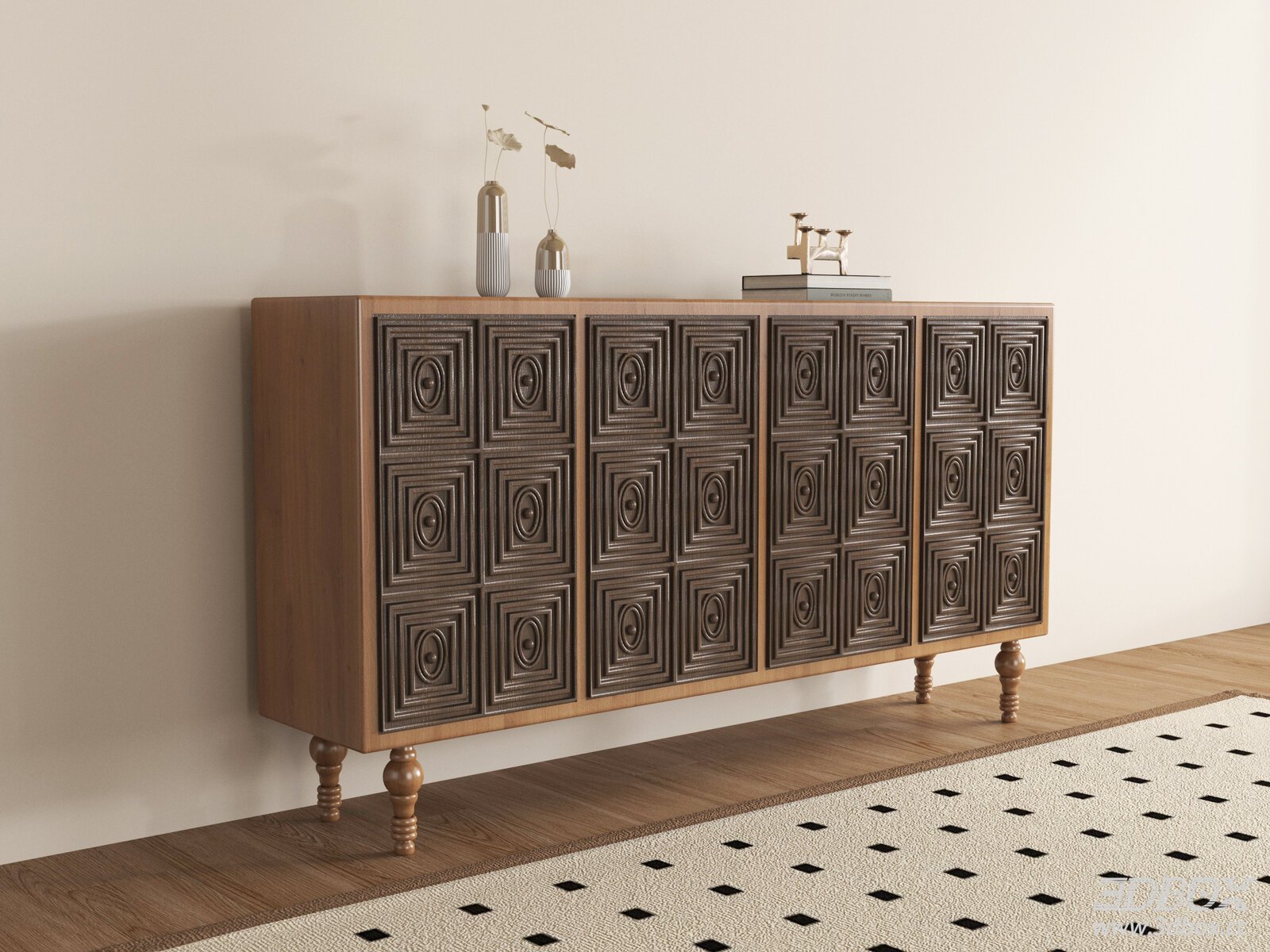 French Vintage Carved Wooden Sideboard Cabinet