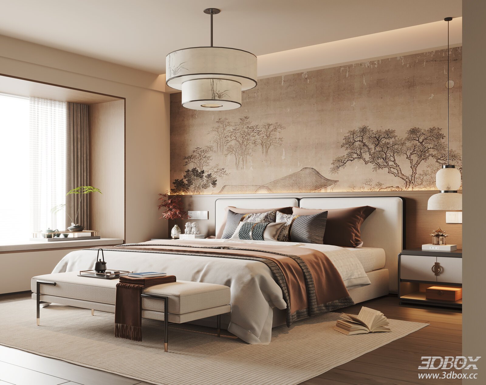 Modern Song Style Chinese Bedroom Interior Scene