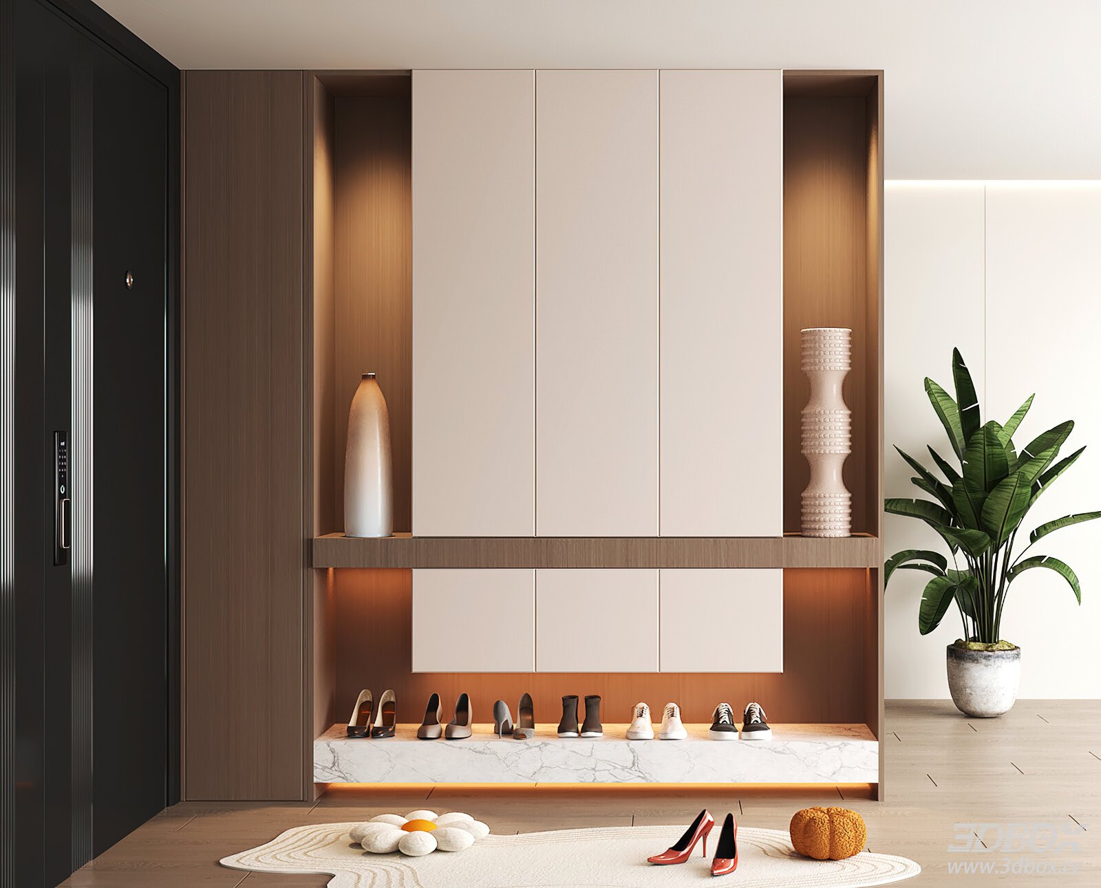 Modern Built-in Hallway Shoe Cabinet with Decorations