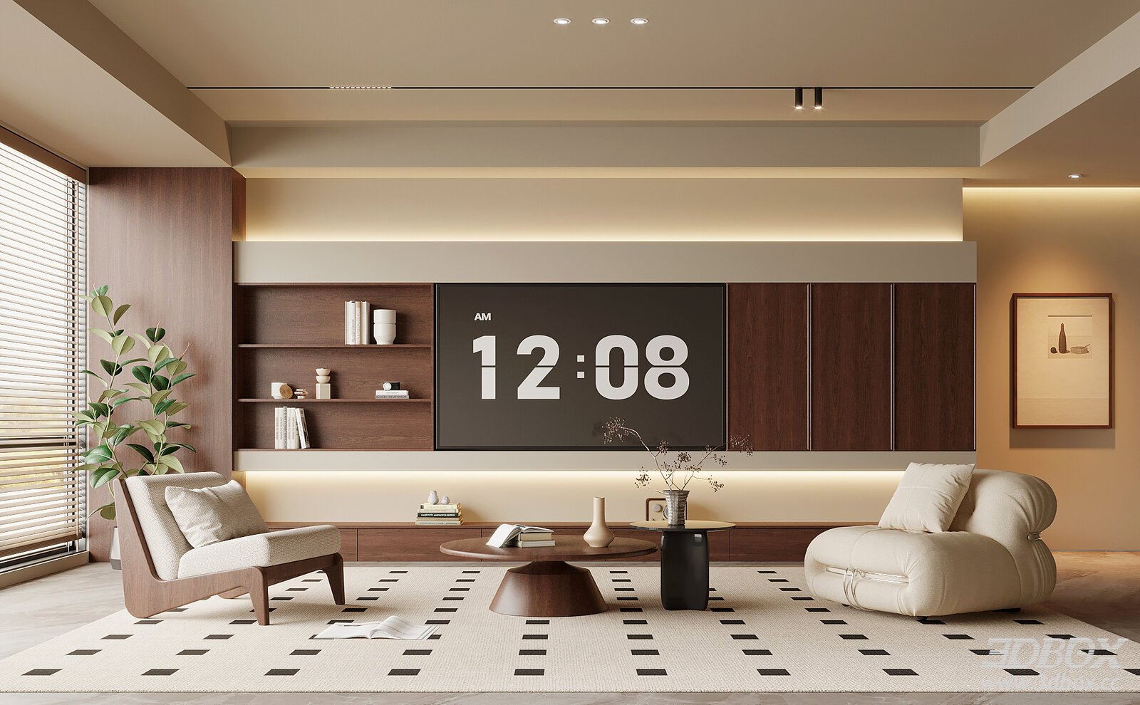 Mid-century Modern Living Room with TV Wall and Sofa Set