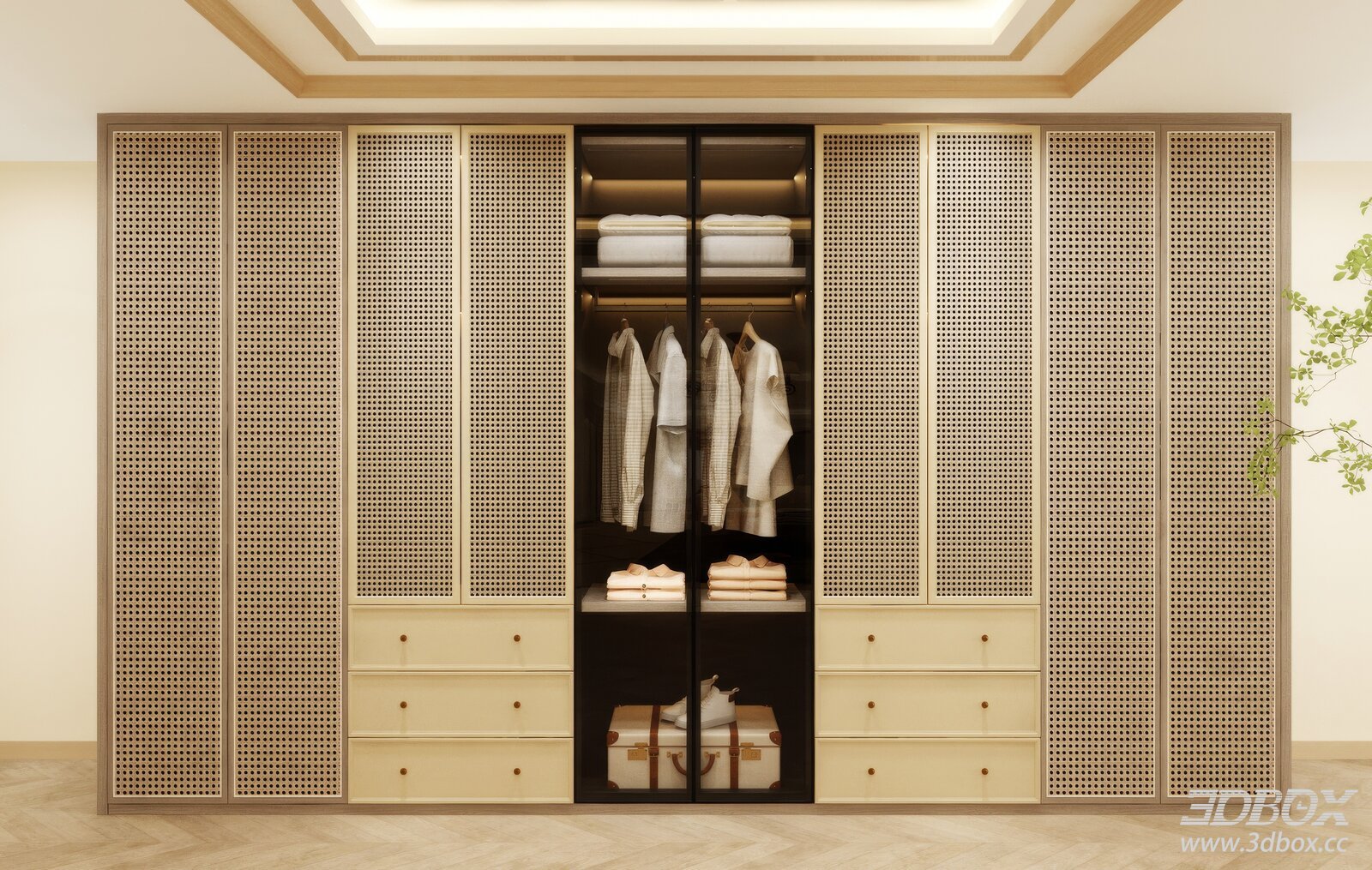 Modern Rattan Door Wardrobe with Glass Display and Drawers