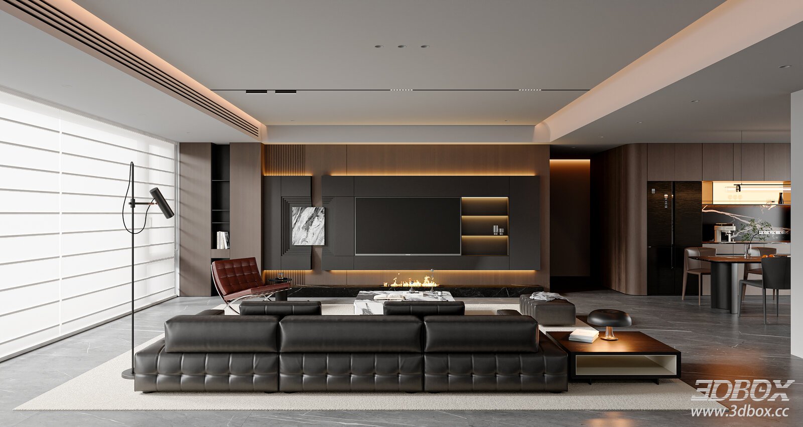 Modern Minimalist Living and Dining Room Interior Scene
