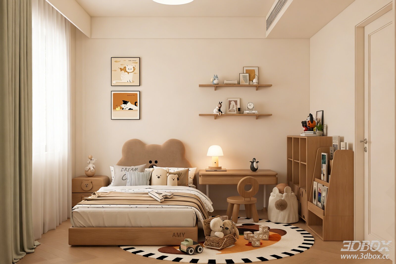 Nordic Cream Style Kids Bedroom with Wooden Furniture