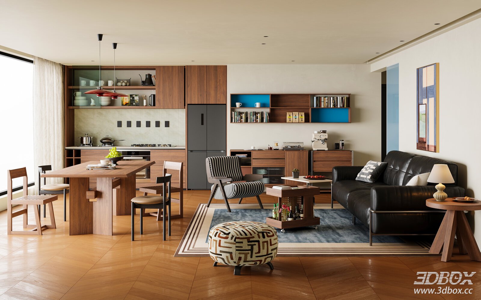 Mid-century modern villa open kitchen dining living space