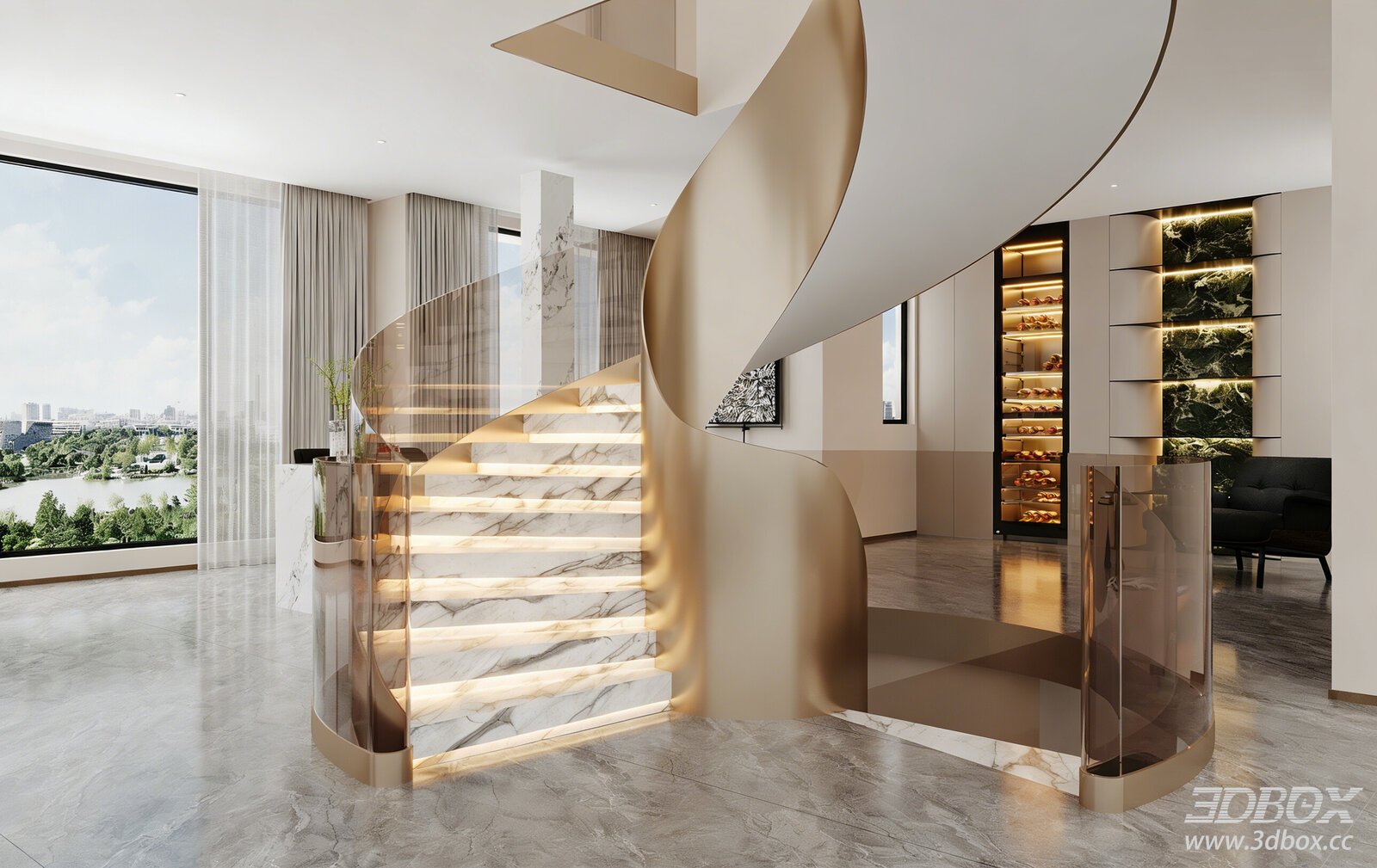 Modern Italian Style Spiral Staircase Marble Amber Glass