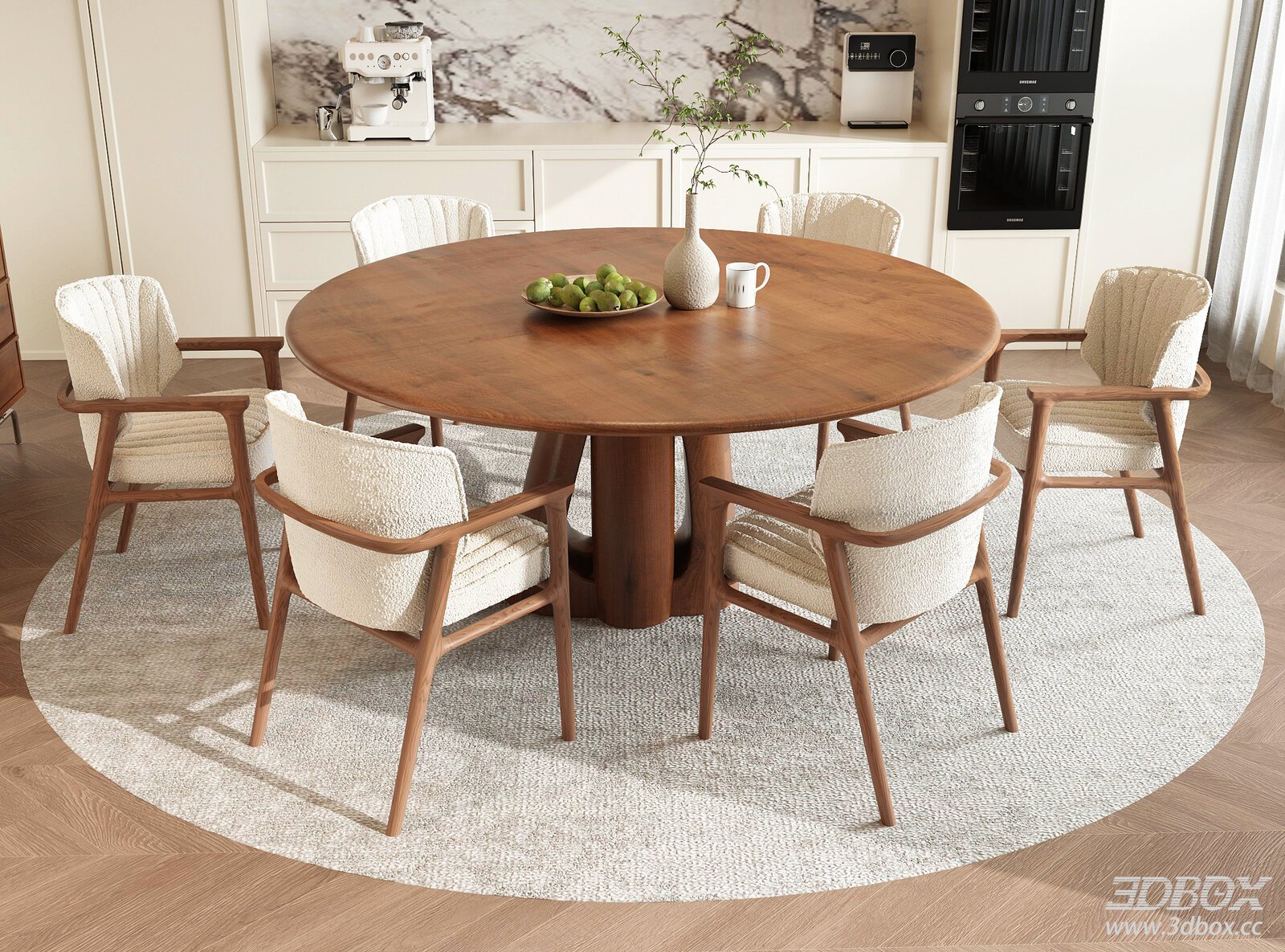 Wabi Sabi Round Wooden Dining Table and Fabric Chairs Set