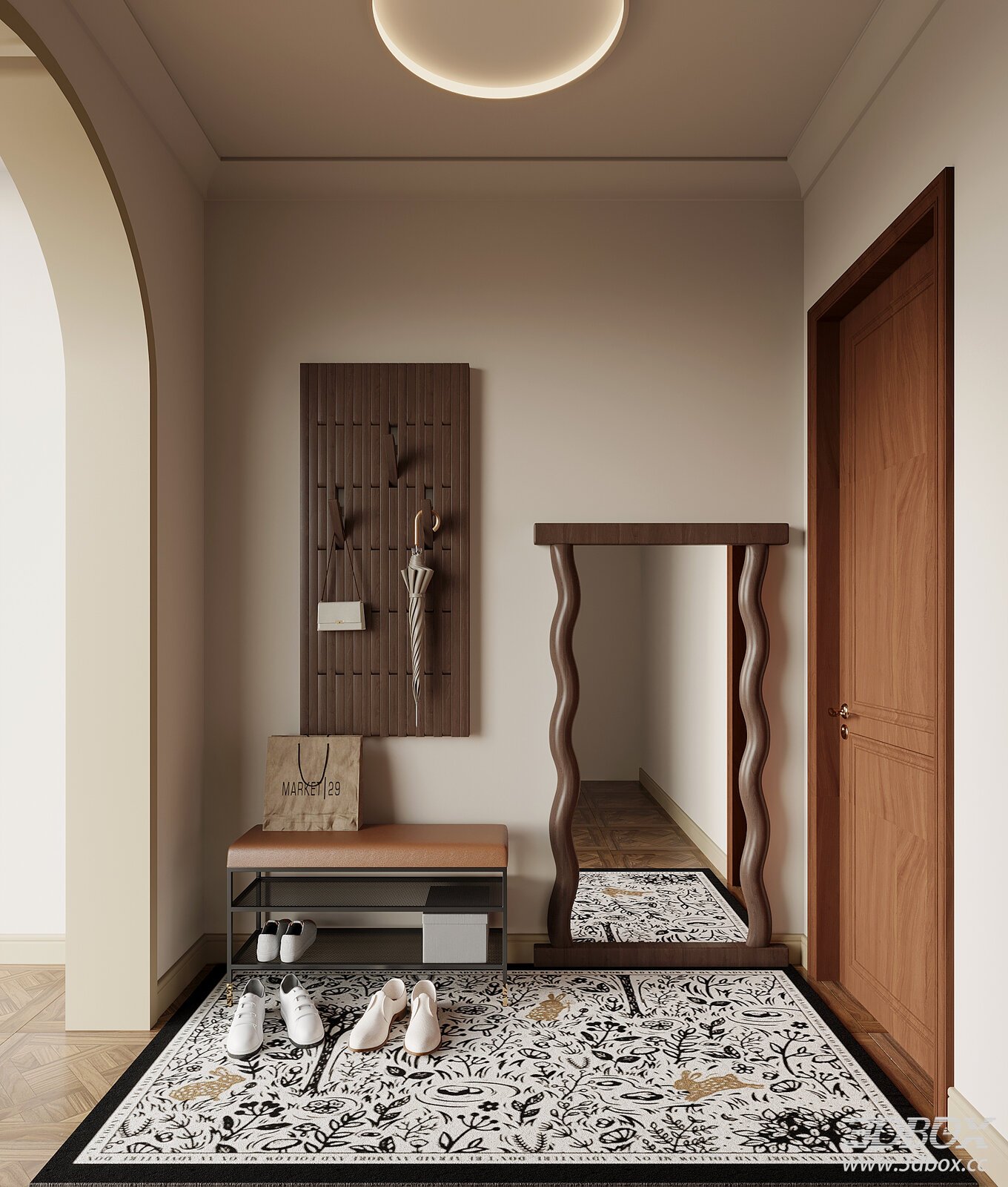 Mid Century Modern Entryway Hallway Scene with Shoe Bench and Full Mirror